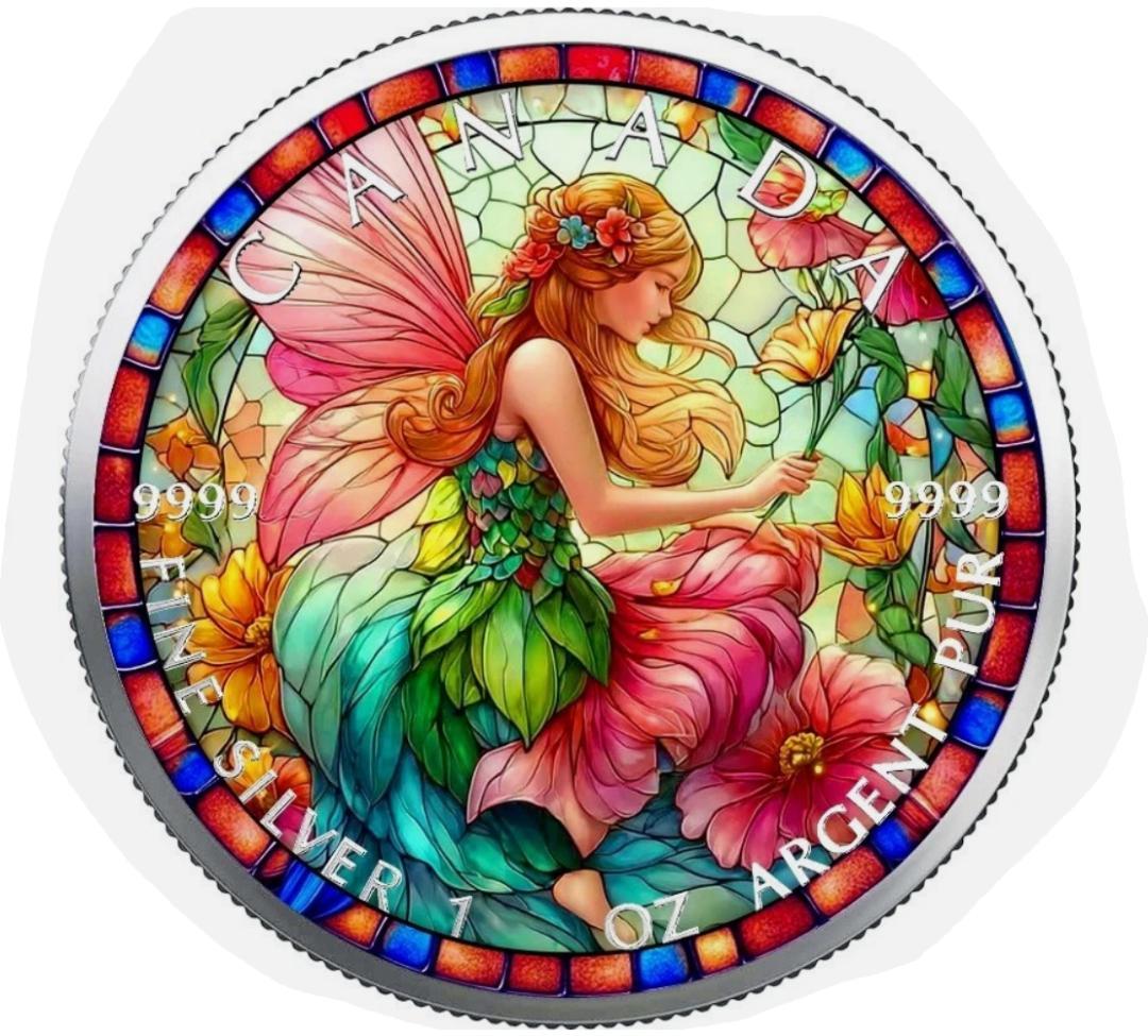 2025年カナダ ステンドグラス風 フェアリー（妖精） 1オンス カラー銀貨 世界100枚限定 】カナダ メイプルリーフ 銀貨 カラー ステンドグラス
