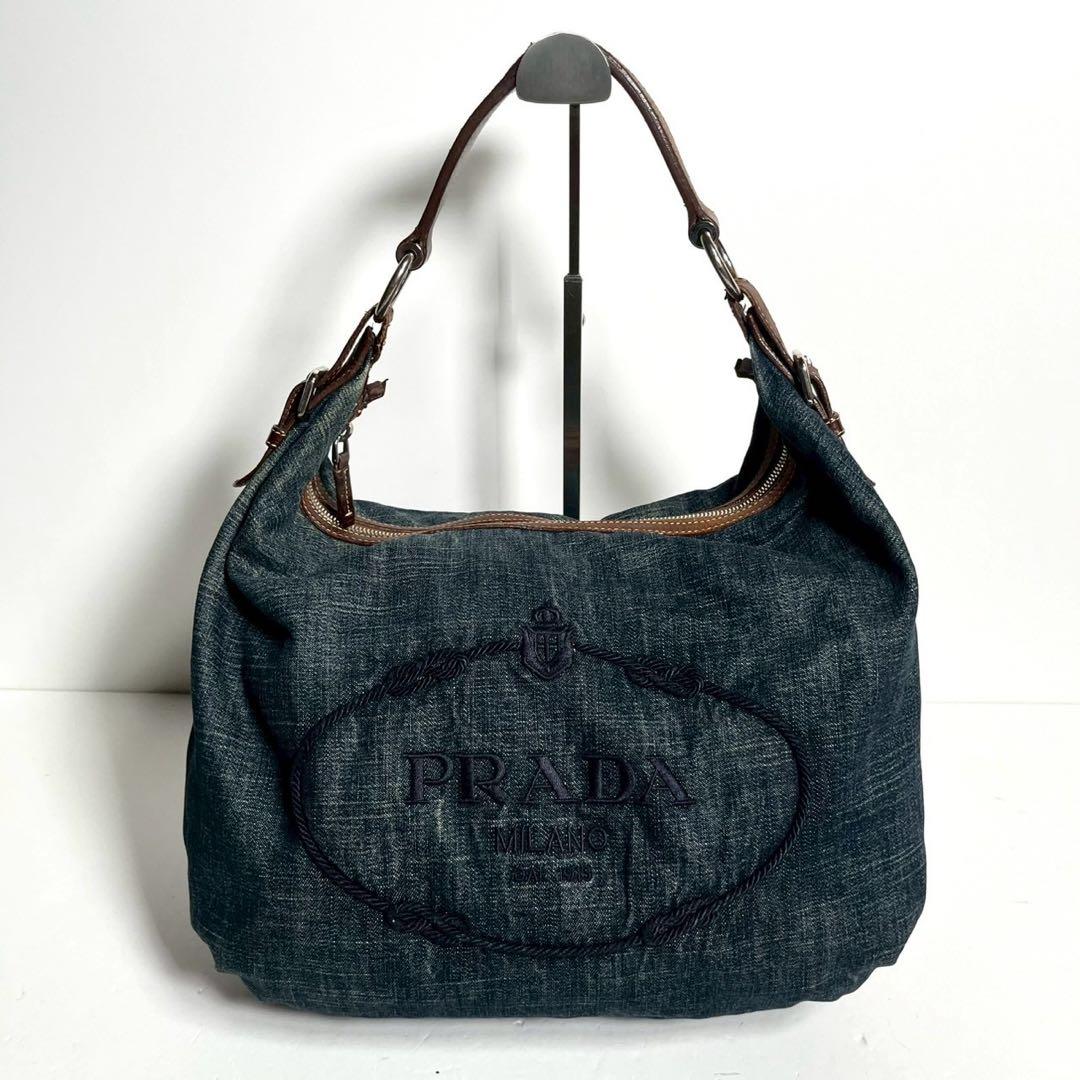 【超希少✨】プラダ ホーボー ワンショルダーバッグデニム 肩掛け ジャガードロゴ 超希少✨】プラダ ホーボー ワンショルダーバッグデニム 肩掛け