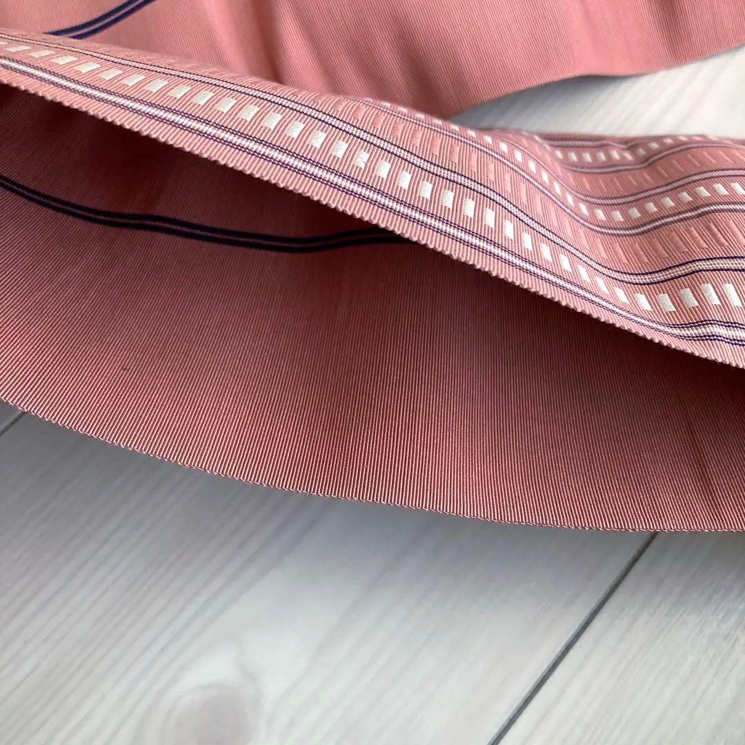 本場筑前博多織　半幅帯　縞模様　正絹　ピンクベージュ　No.7-22