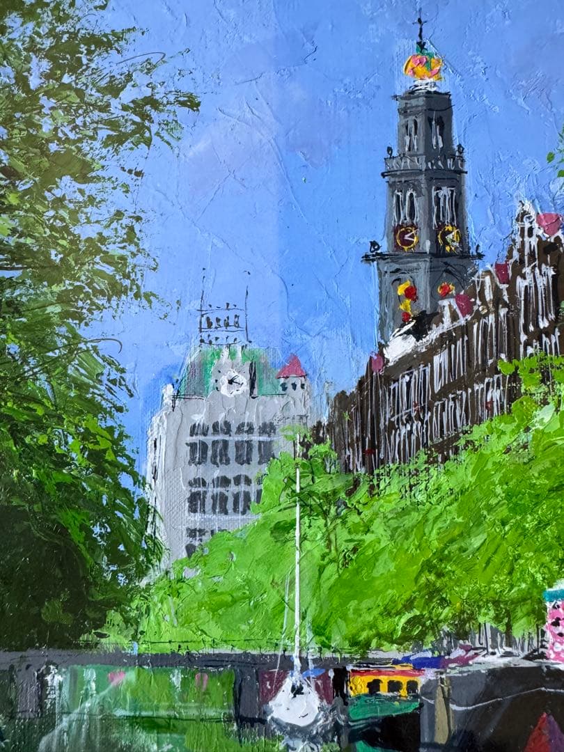 真作 小田切訓「塔のある運河」キャンバスに油彩 F4号 額装・タトウ箱・