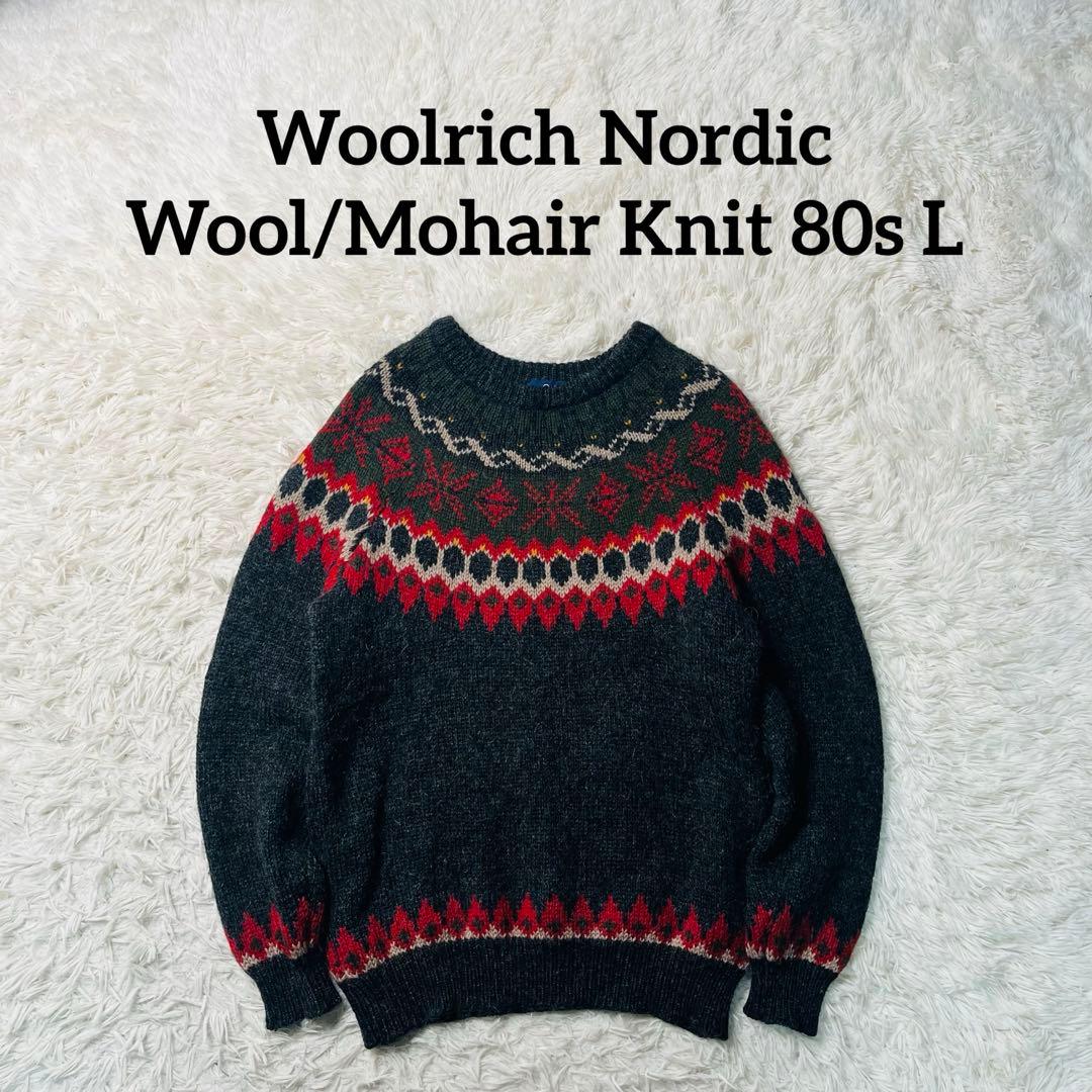 Woolrich Nordic Wool Mohair Knit 80s 紺タグ WOOLRICH - 80s ウールリッチ ノルディック 総柄 ウール ニット