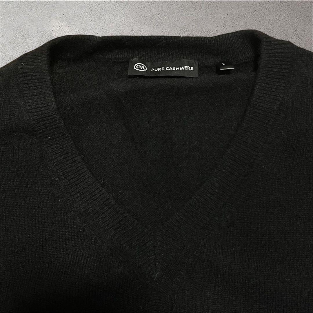 美品90s【C&A】カシミヤ100% Vネックニット BLACK L