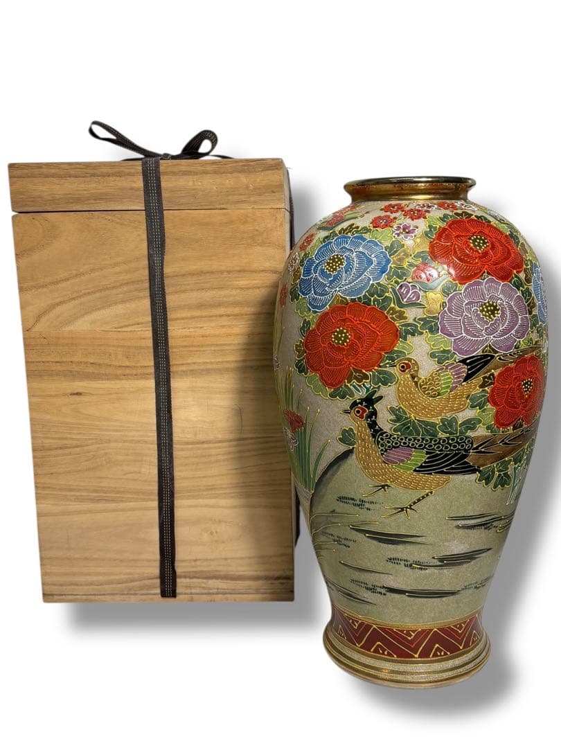 薩摩焼 丸十字紋 色絵金彩 花鳥図 大壺 花瓶 木箱付き S-12