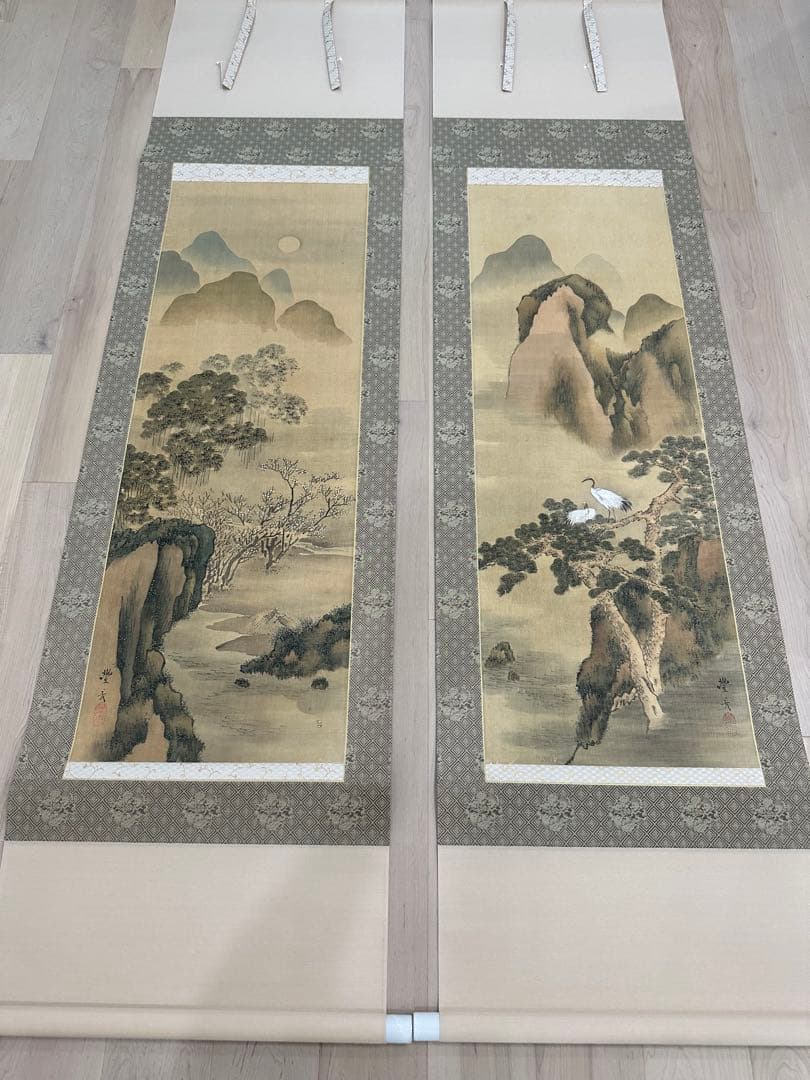 松竹梅鶴亀双幅 鶴亀の掛け軸 小野洋舟作 松竹梅鶴亀 尺三立