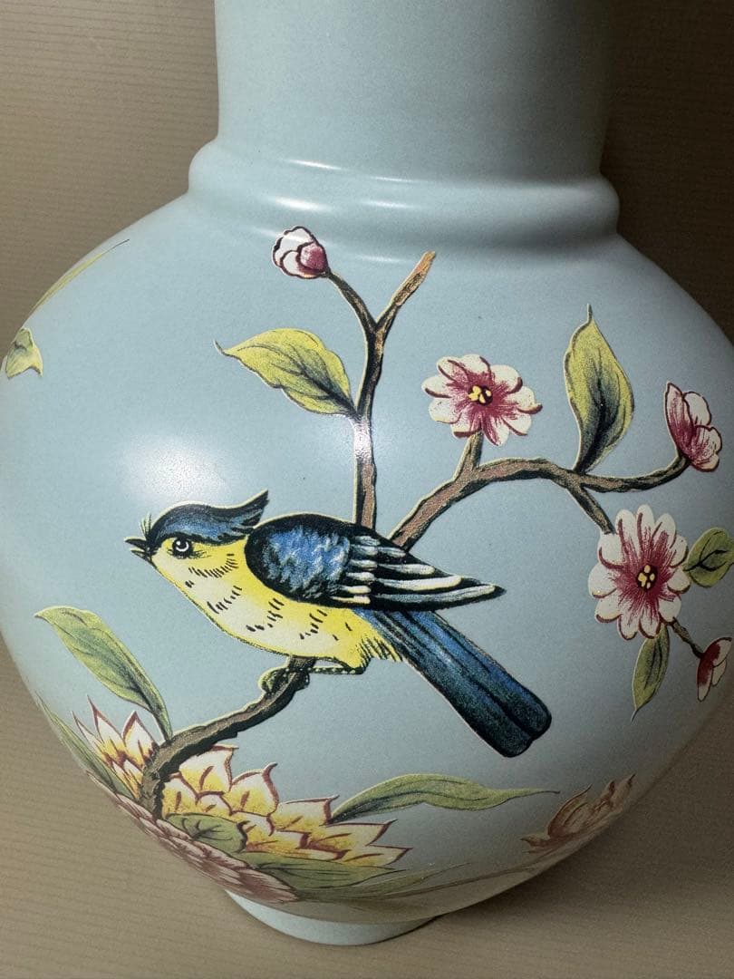 2106 古美術 大清雍正年製銘 天藍釉 花鳥紋橄欖瓶 珍蔵品 時代物