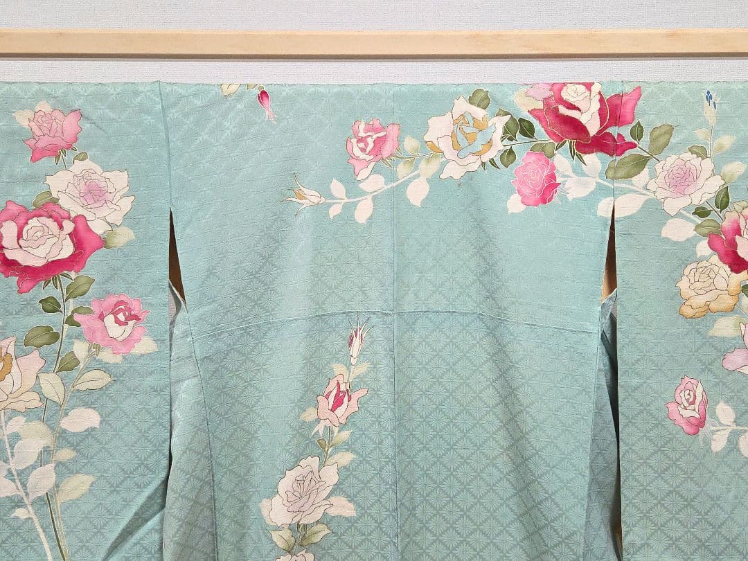 A◇着物くつろぎ セミアンティーク 薔薇 金彩 金駒刺繍 水色 袷 訪問着