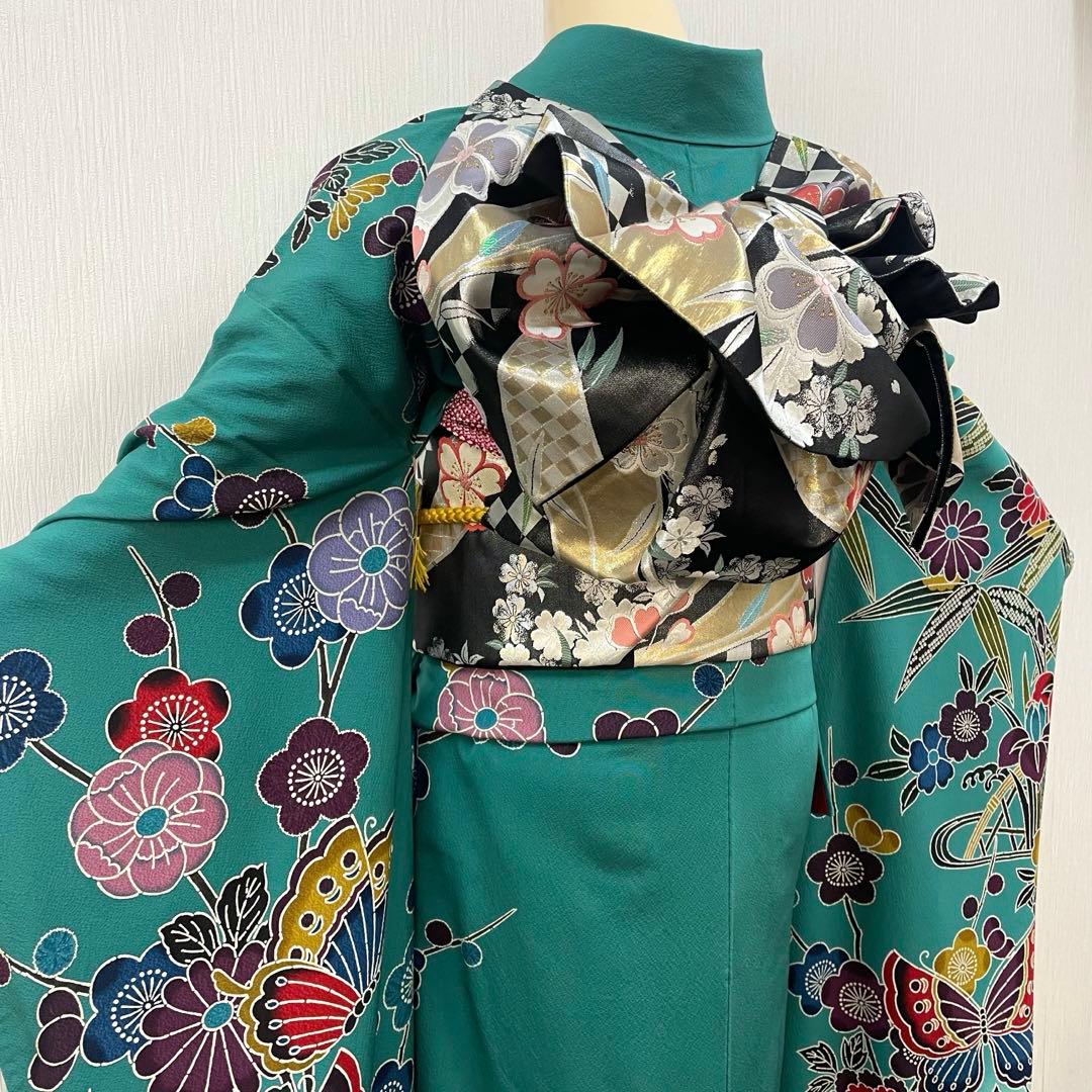 梅乃【159】正絹 振袖 セット 前撮り 成人式 撮影 紅型 青緑 大人 古典