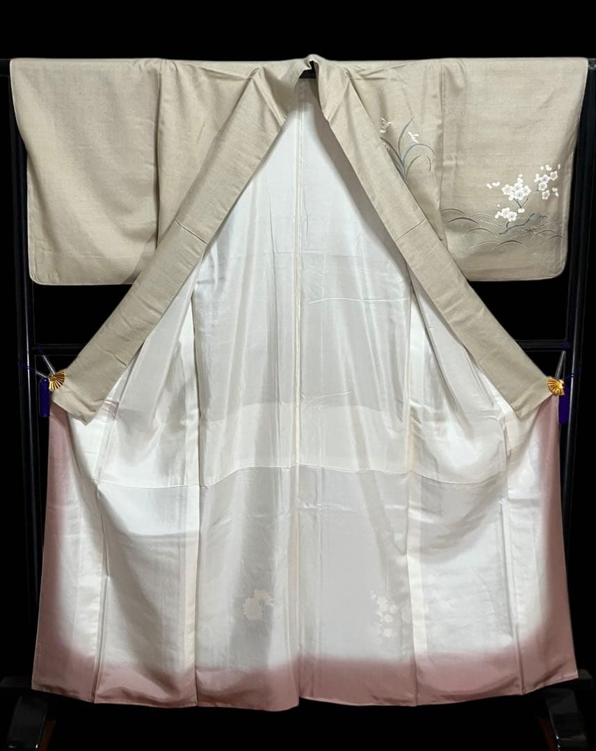 結城紬 手描き訪問着 奥順特製 はたおり娘 花文 証紙 美品 イ6665