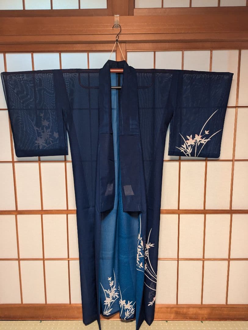絽 夏着物 訪問着 付け下げ ネイビー 花柄
