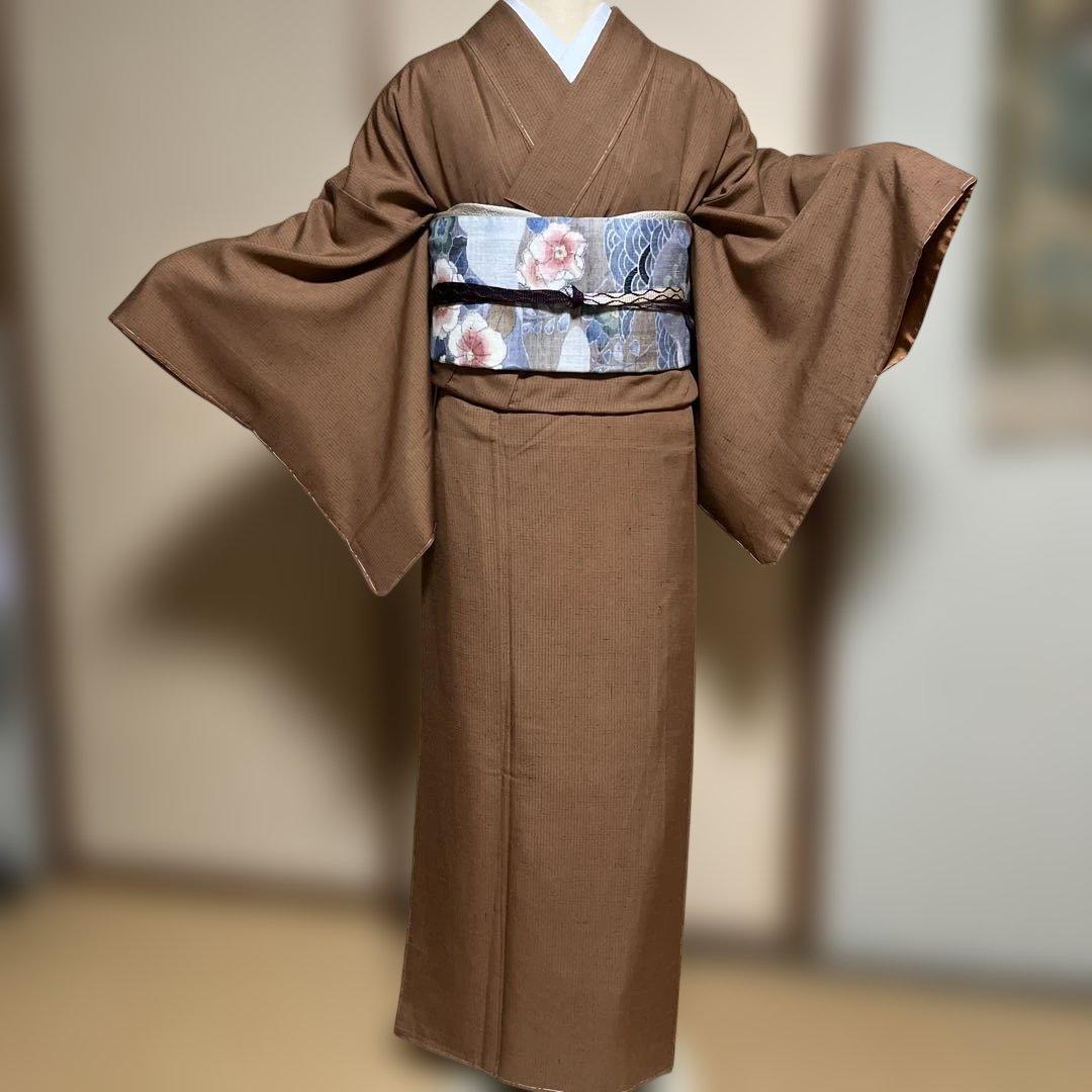 紬　柿渋染め　身丈163.5裄68 25周年セール】【柿渋染】 特選柿渋染 唐絞紬訪問着 ≪御仕立て上がり