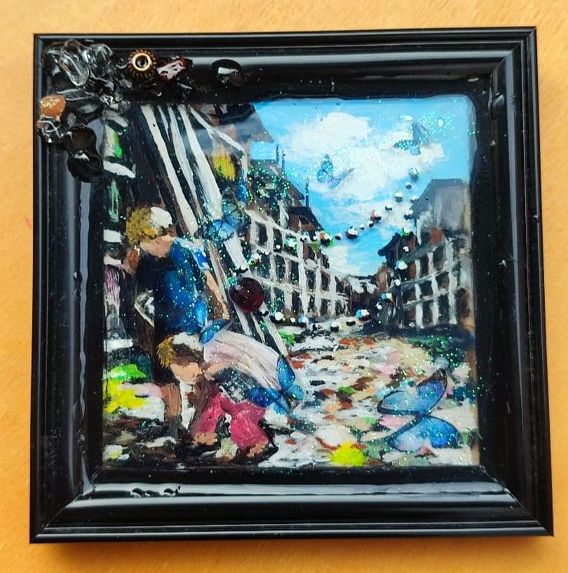 絵画 レジン 約束 スラム街の少年と少女（ガーネット,サンストーン水晶）