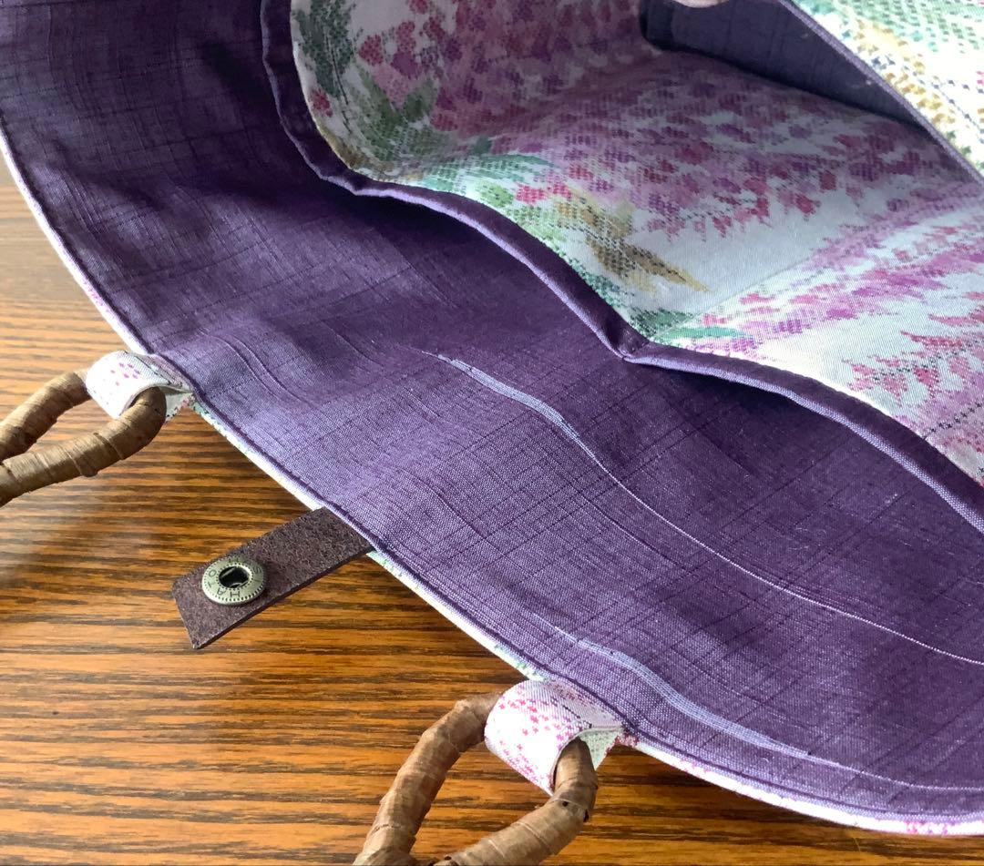 大島紬 満開の藤の花 リメイク 胡桃皮ハンドルバッグ