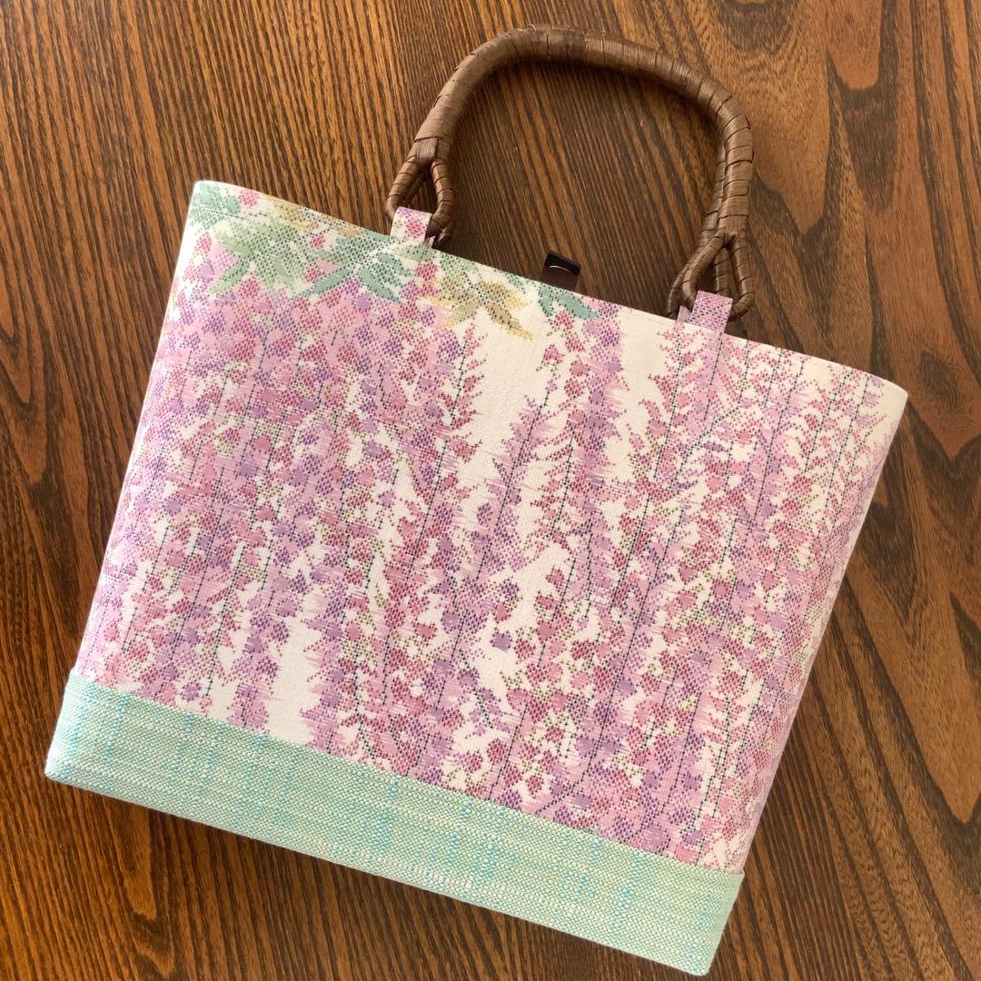 大島紬 満開の藤の花 リメイク 胡桃皮ハンドルバッグ