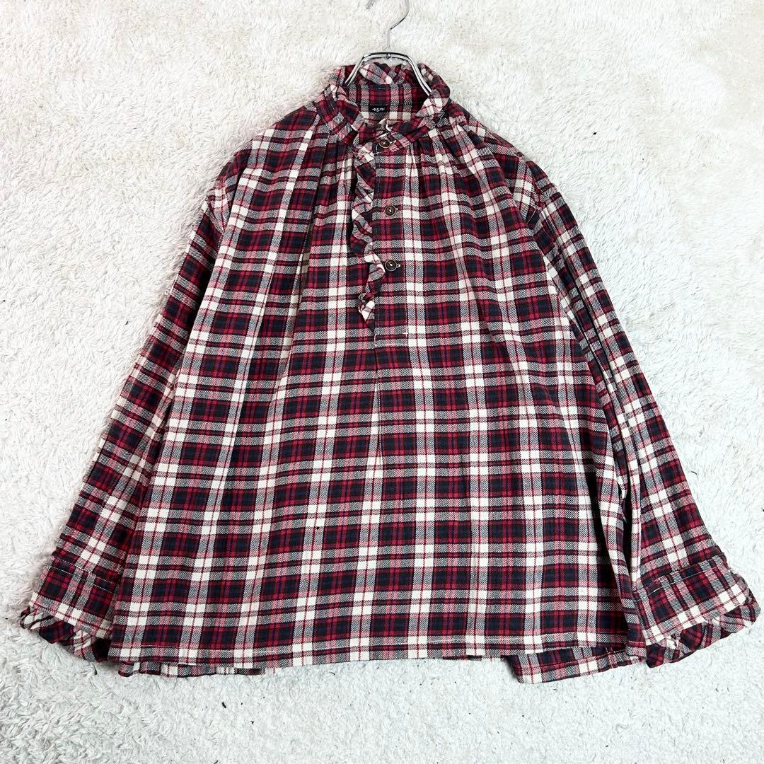 45R インドネル チェック柄 タックフリルブラウス　プルオーバ45rpm 45R インドネルのビッグシャツドレス ワンピース チェック 綿 45rpm