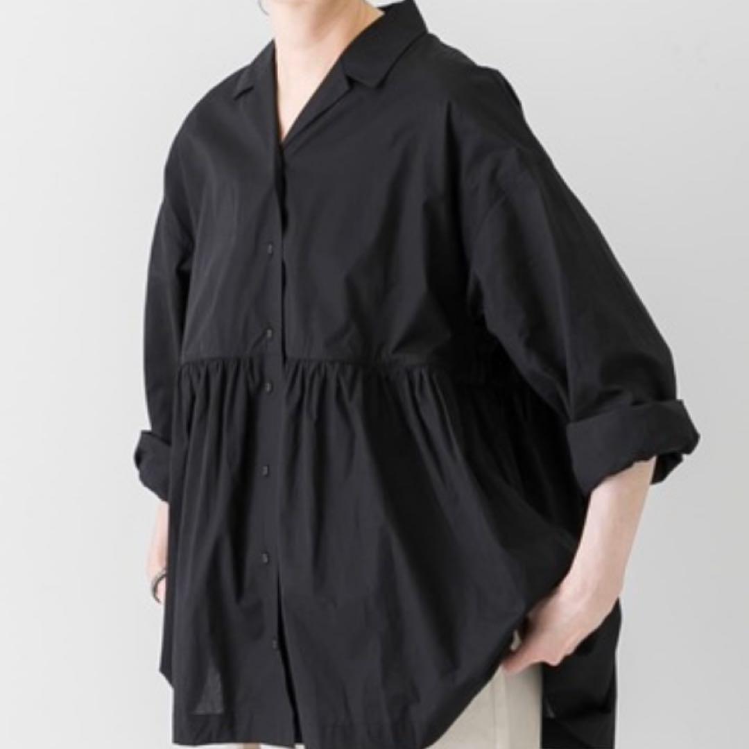 かぐれ オープンカラーギャザーシャツ ブラック コットン フリー 開襟