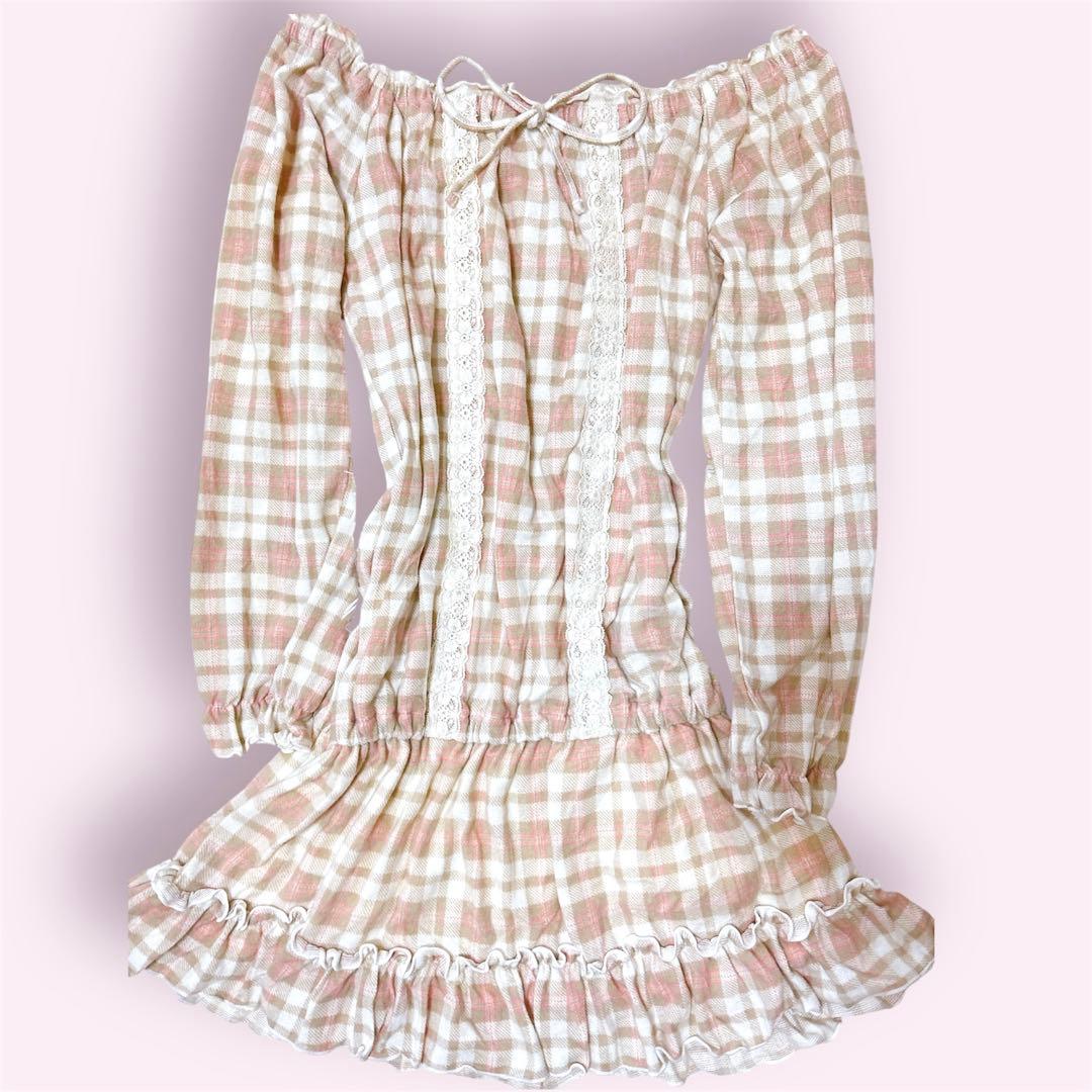 00s 希少 LIZLISA♡起毛チェック柄オフショルフリルワンピ姫ギャル当時