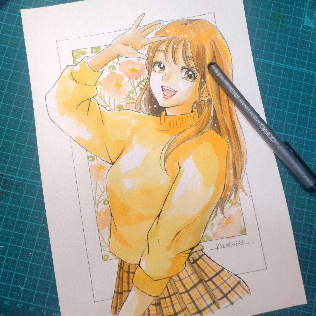 日*希様 手描きイラストA4　水彩画・色鉛筆『はいチーズ』