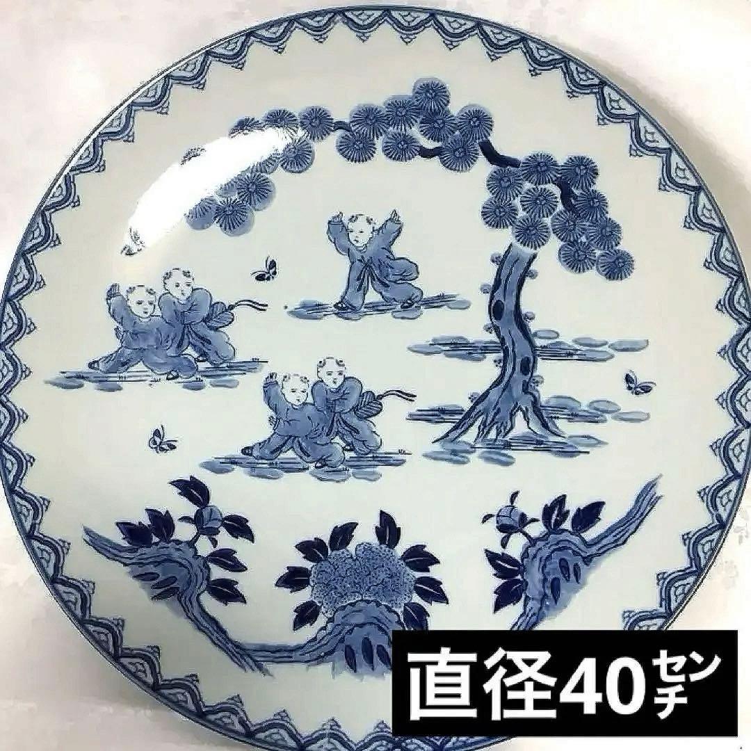 直径 40㌢　大皿　　肥前　鍋島 色鍋島焼 瀬兵窯 肥前伊万里 藤花山水絵 超大皿 飾皿 直径33 5cm 美術