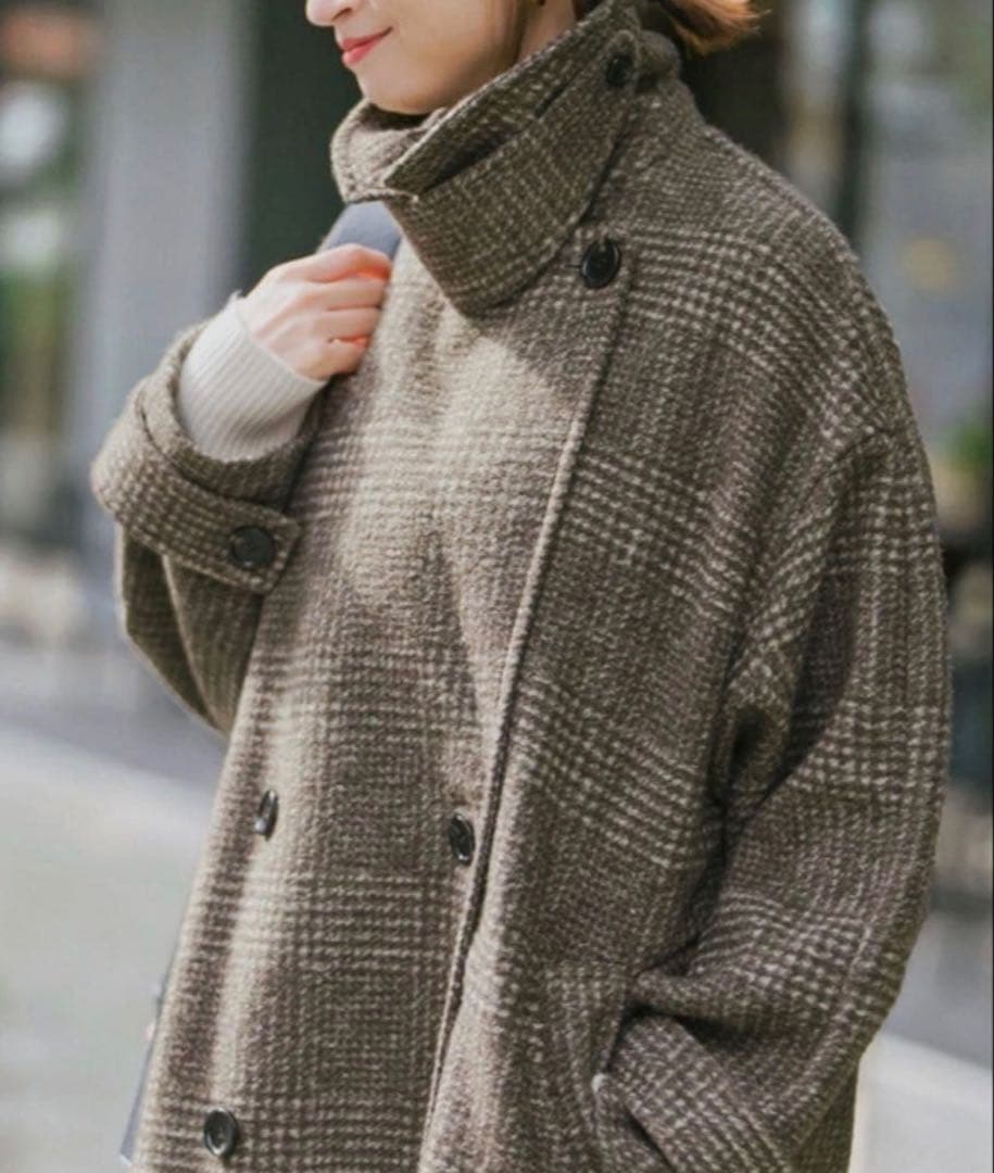 美品✨24AW spick&span Wスライバーチェックハーフコート　ブラウン スピックアンドスパン Wスライバーチェックハーフコート ブラウン 38