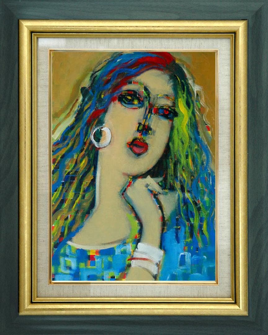 油絵 菅家令子 絵 絵画インテリア 額付(青緑＋金色の枠)F6-080212女性 油絵 菅家令子 絵 絵画インテリア額付(青緑＋金色の枠) F4-071512女性