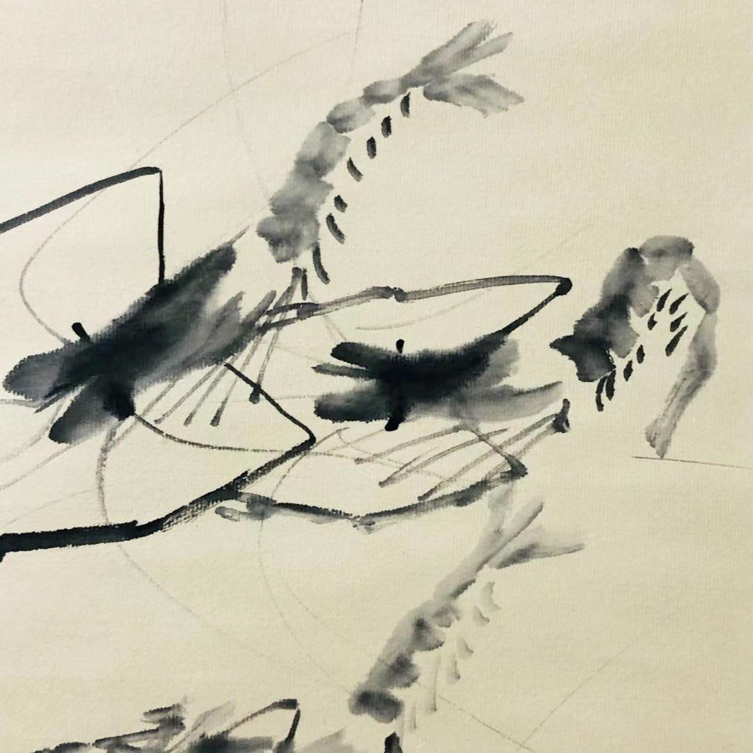 真作】掛軸 斉白石『墨海老』中国画 紙本 肉筆 合せ箱付 掛け軸 R10042