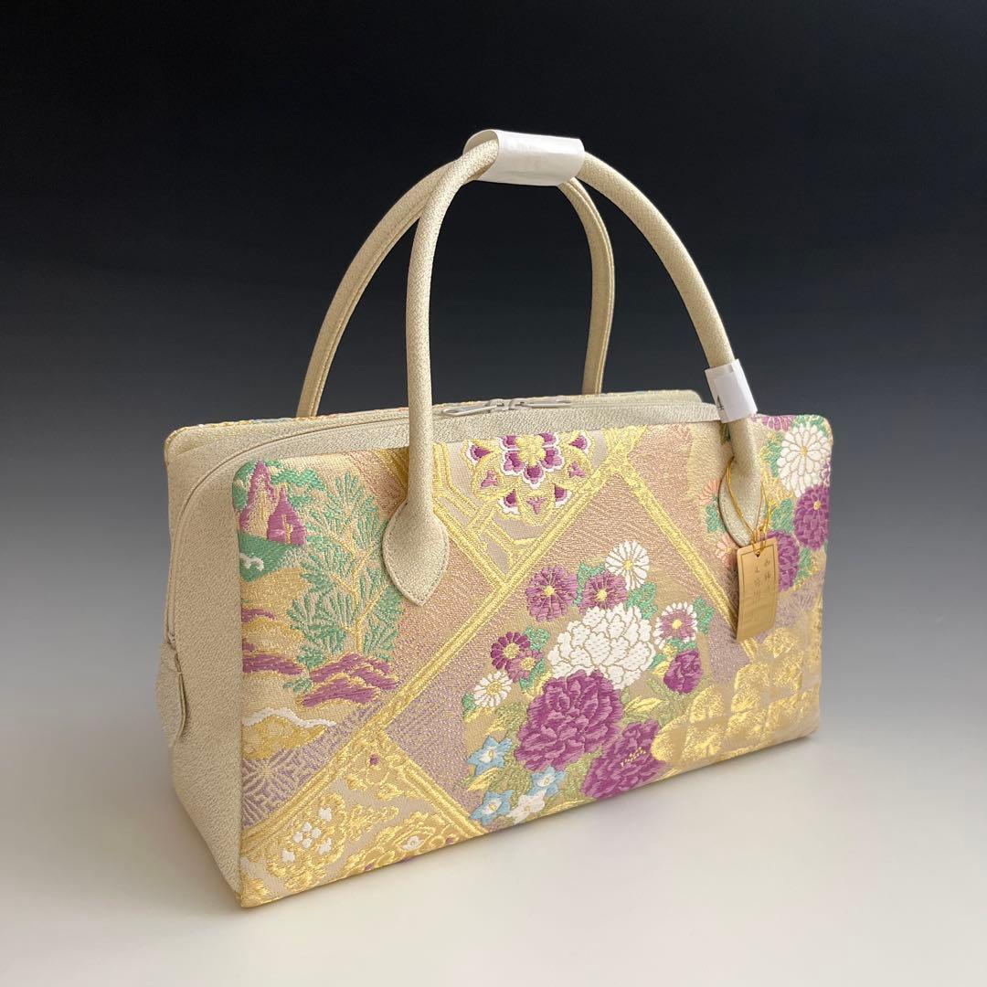 新品未使用品　京都 西陣織正絹帯地使用　利休バッグお茶席　25904 訳あり】【京都西陣生地】利休バッグ（08A046）金襴 縞 文様 和装