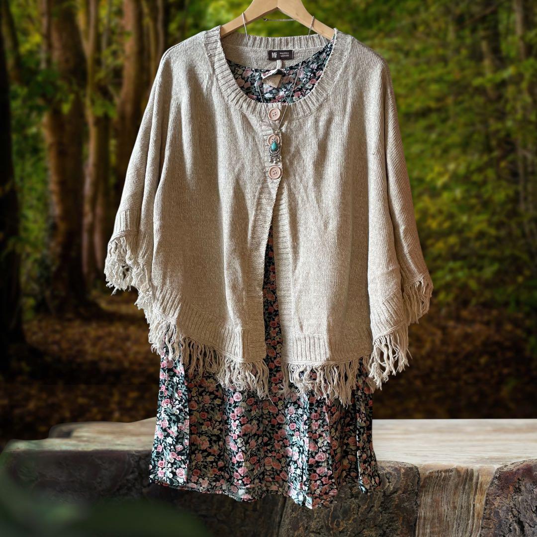 森ガール ポンチョカーデ フリンジ コテージコア ポンチョ ニット 羽織