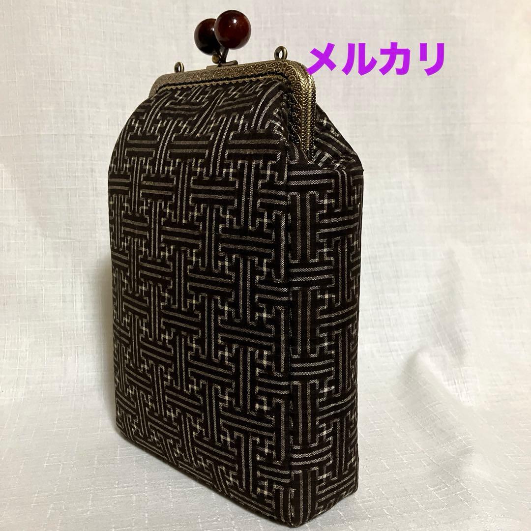 泥大島紬龍郷 秋名バラ8玉 がま口スマホショルダーバッグ