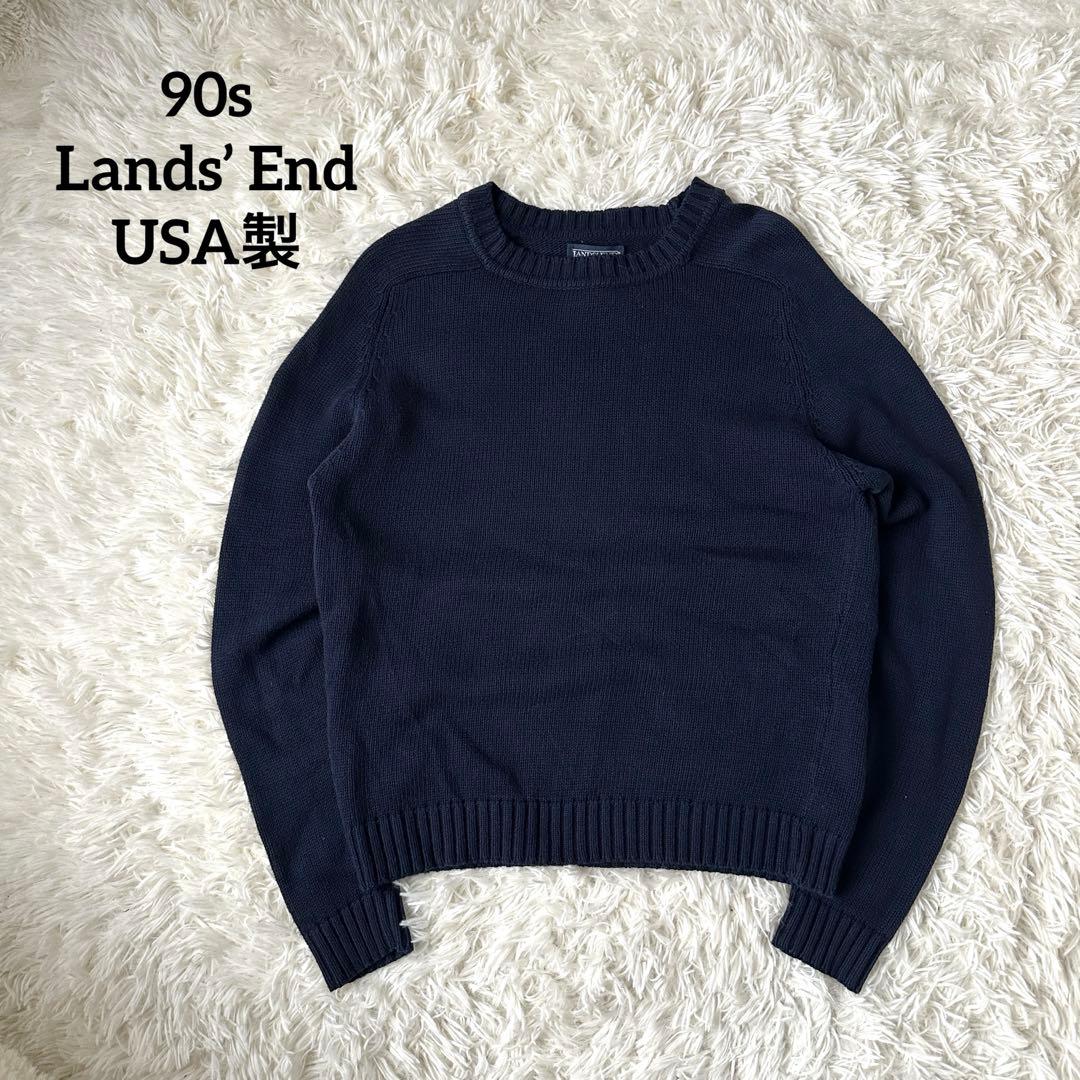 Lands’ End コットンニット 90s USA製 ネイビー ラグラン 90s USA製 LANDS'ENDランズエンド KEITH VALLY RANCH刺繍 Vネック