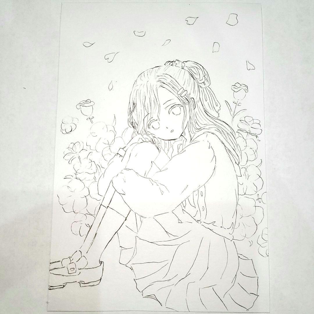 手描きイラスト アナログ セーラー服の女の子 水彩画 - メルカリ