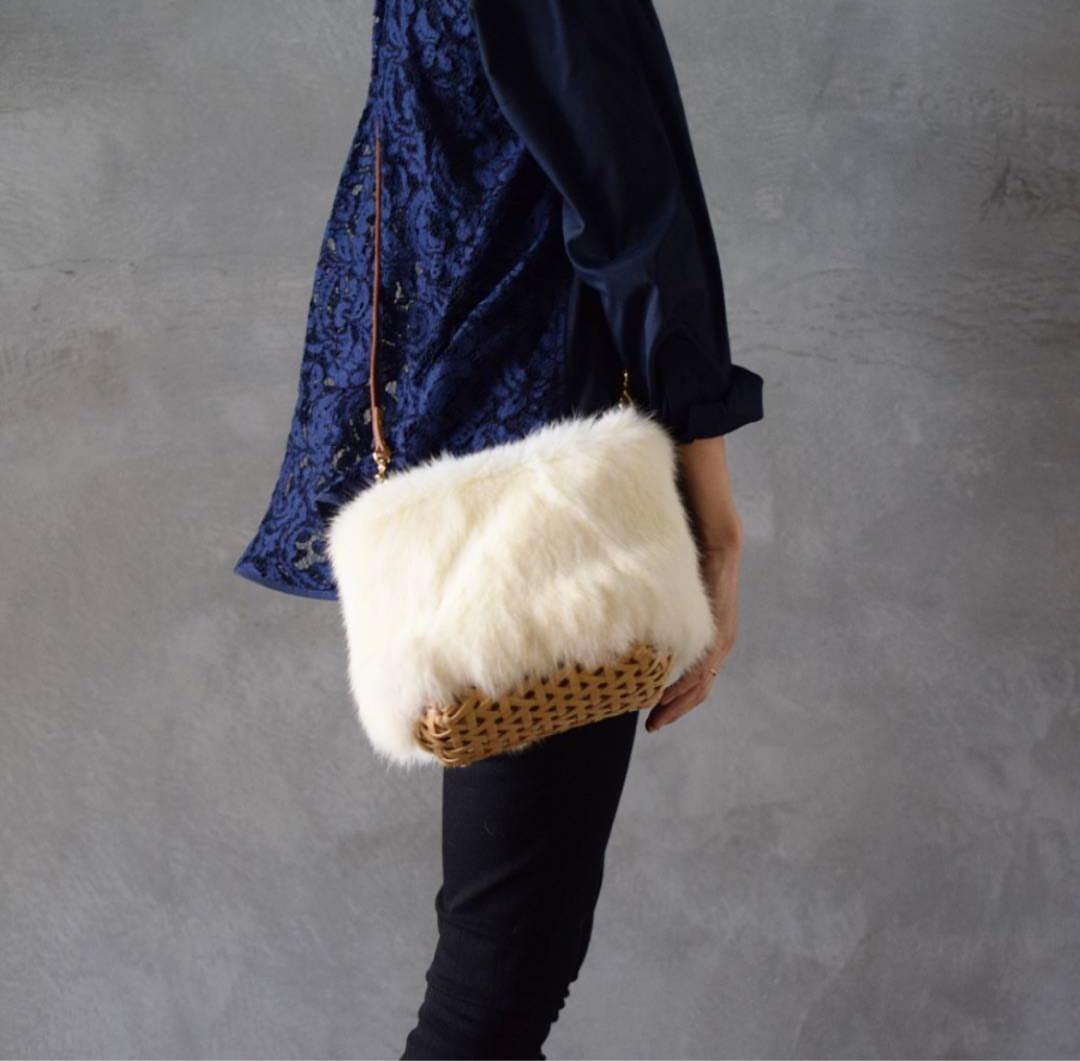 Crafty ラビットファー付き竹かごポシェット 四ツ目編みバッグ ミニ/かごバッグ/竹籠/一点もの/巾着付き/女性/国産