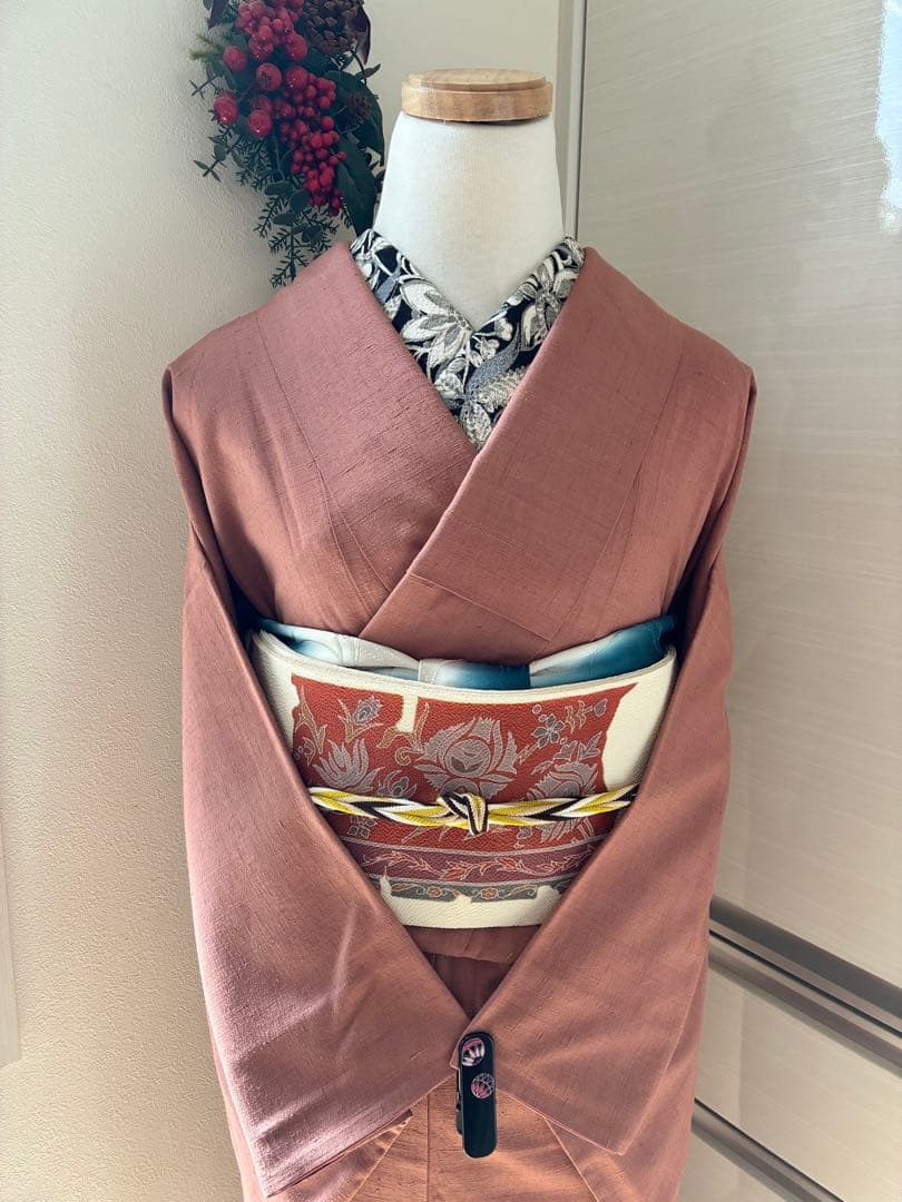 袷 紬 結城紬 浅緋色 裄67cm 無地紬 正絹 半衿おまけ付き