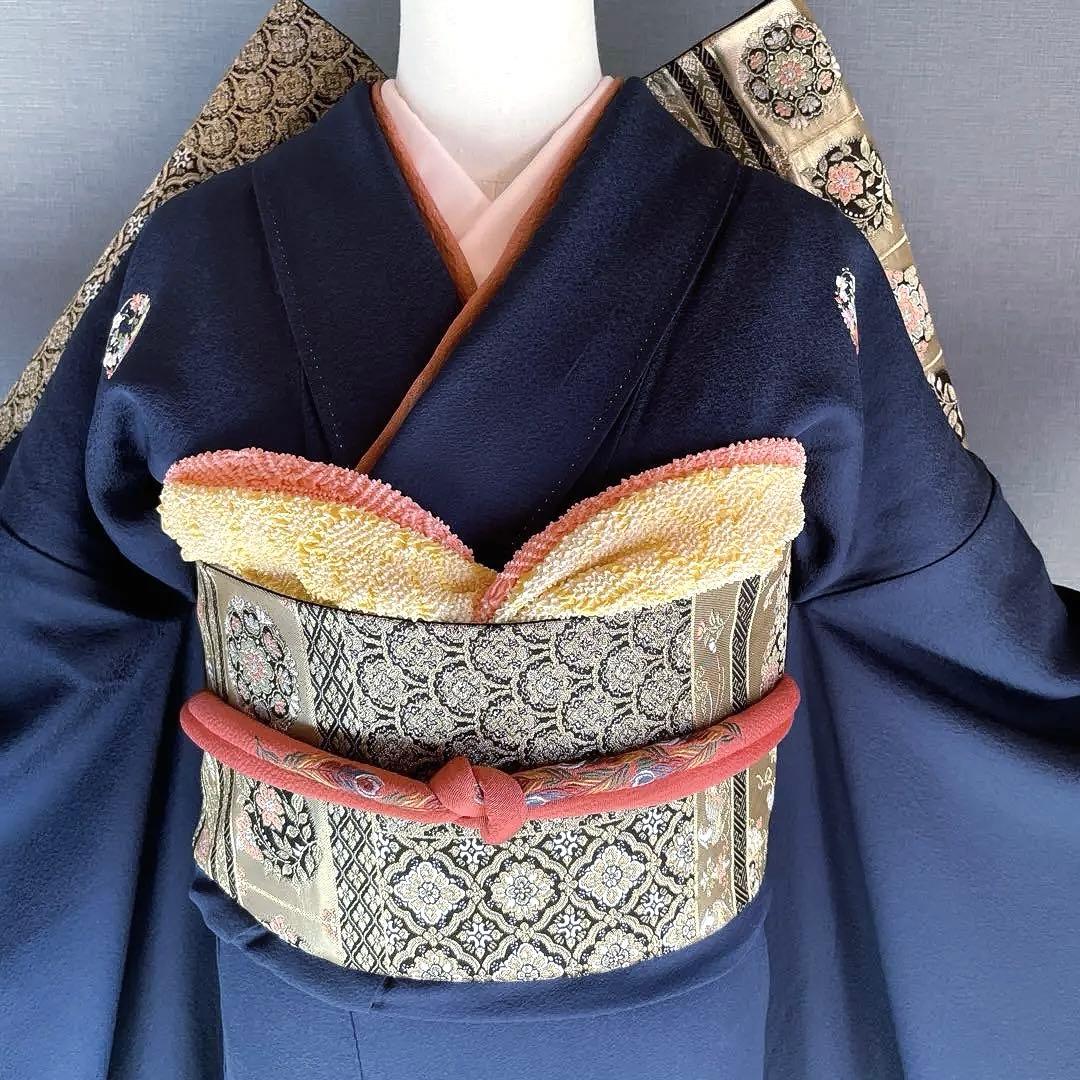 振袖フルセット 手染め色無地 成人式振袖 振袖 裄丈68 紺色 ➕サイズ