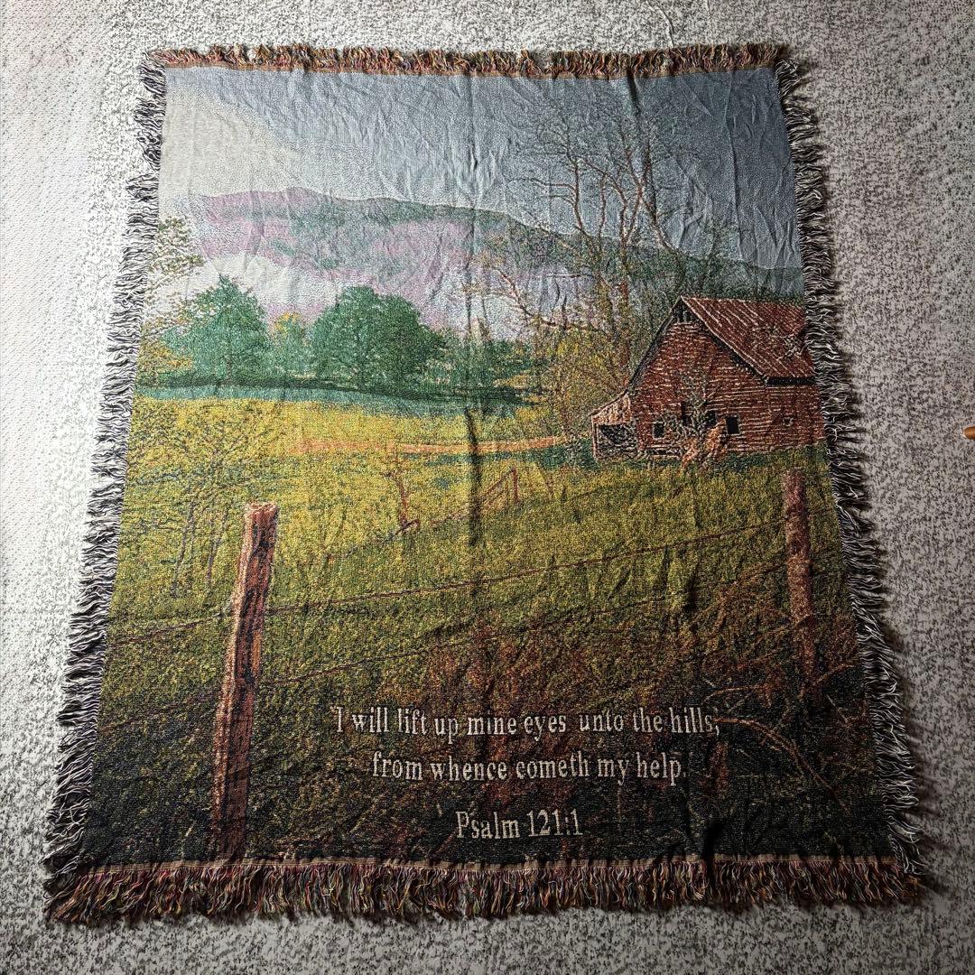 【90sオールド】風景画　フリンジ付き　ヴィンテージラグ　タペストリー 09a3188f9d81bed8c5ac57eced85c7