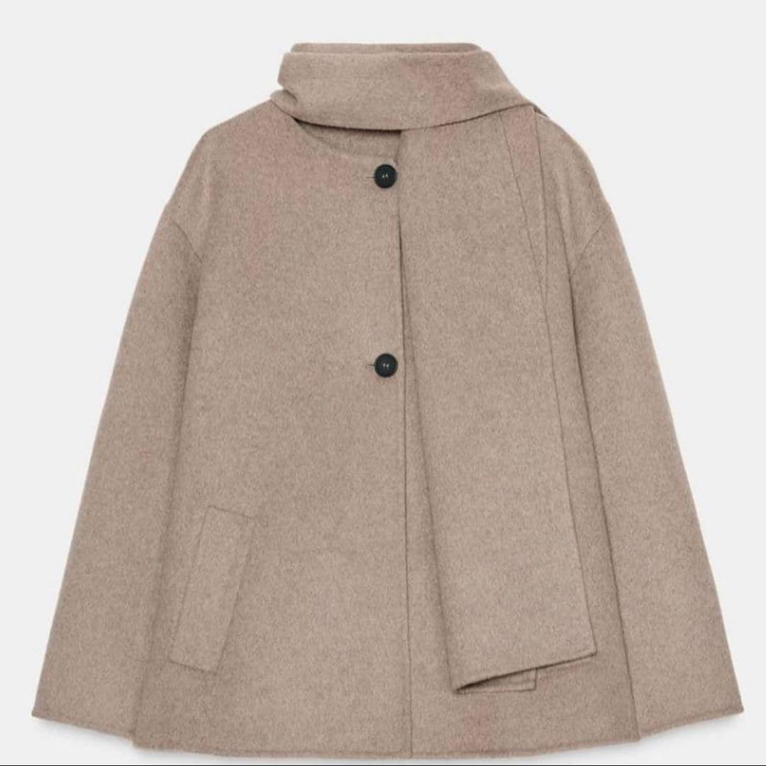 ZARA ウールショートスカーフコート　L 未使用タグ付き ZARA ウールショートスカーフコート Lサイズ ブラウン