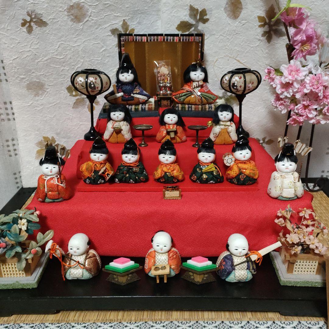芳山作 伝統的な木目込雛人形15体セット 骨董アンティーク品 1970年