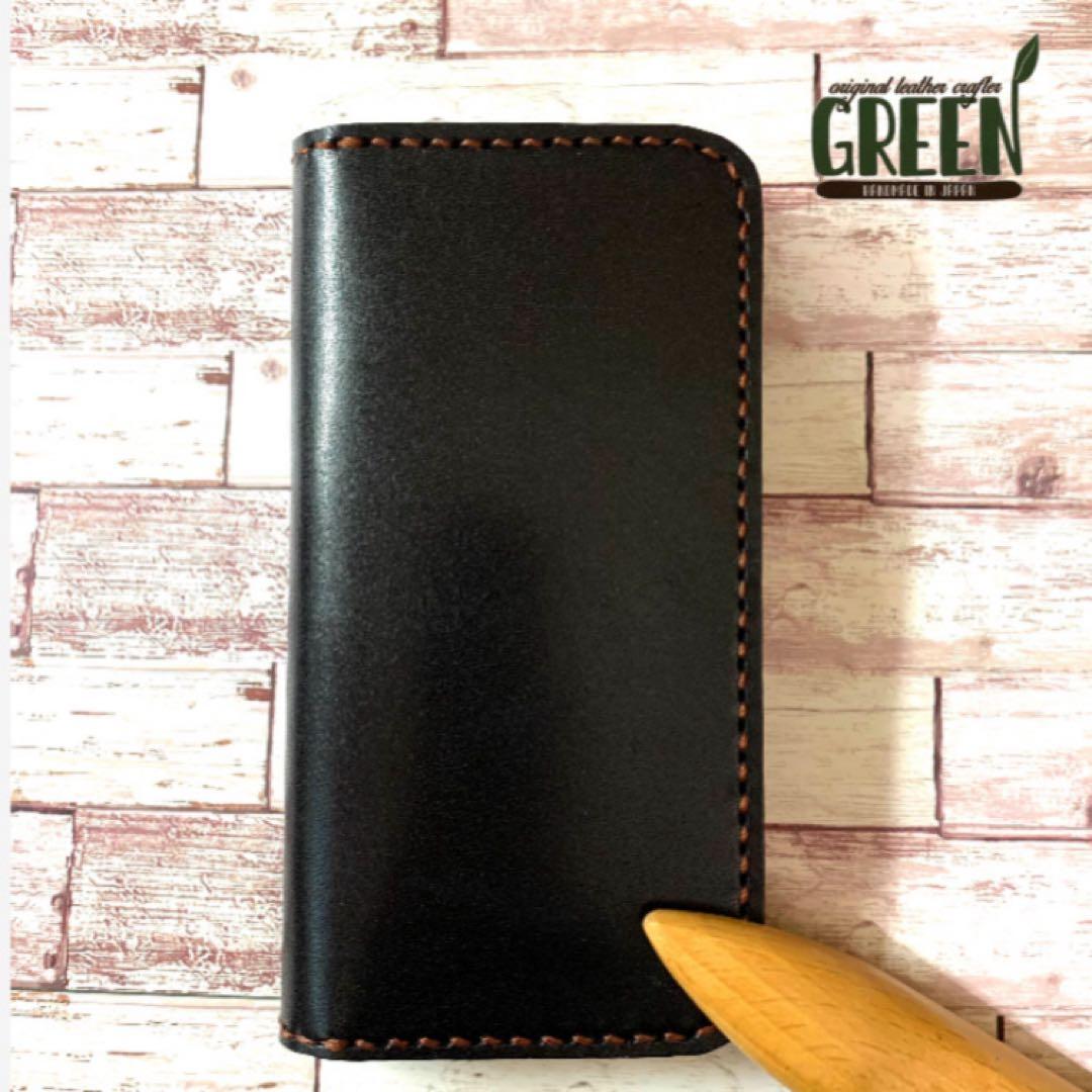 2枚ポケット付き　栃木レザー　ブラック　iPhoneケース　本革　手帳型 サイドポケット付き 栃木レザーiPhoneケース ブラック スマホケース