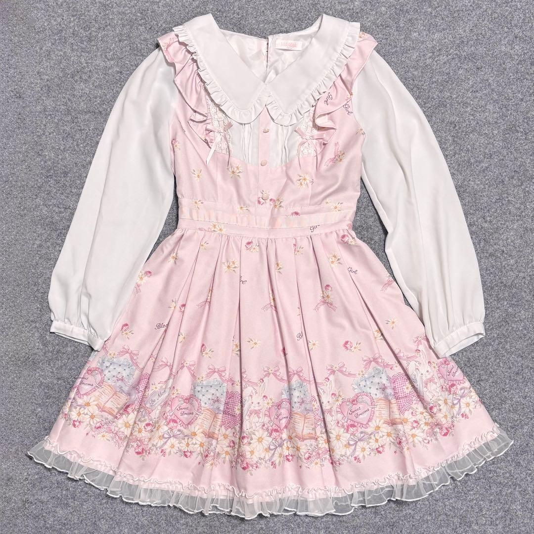 LIZ LISA 襟付き 長袖 ワンピース うさぎ フラワー 柄　ピンク LIZ LISA - ☆リズリサLIZLISA☆胸元編み上げリボン☆後ろティアード