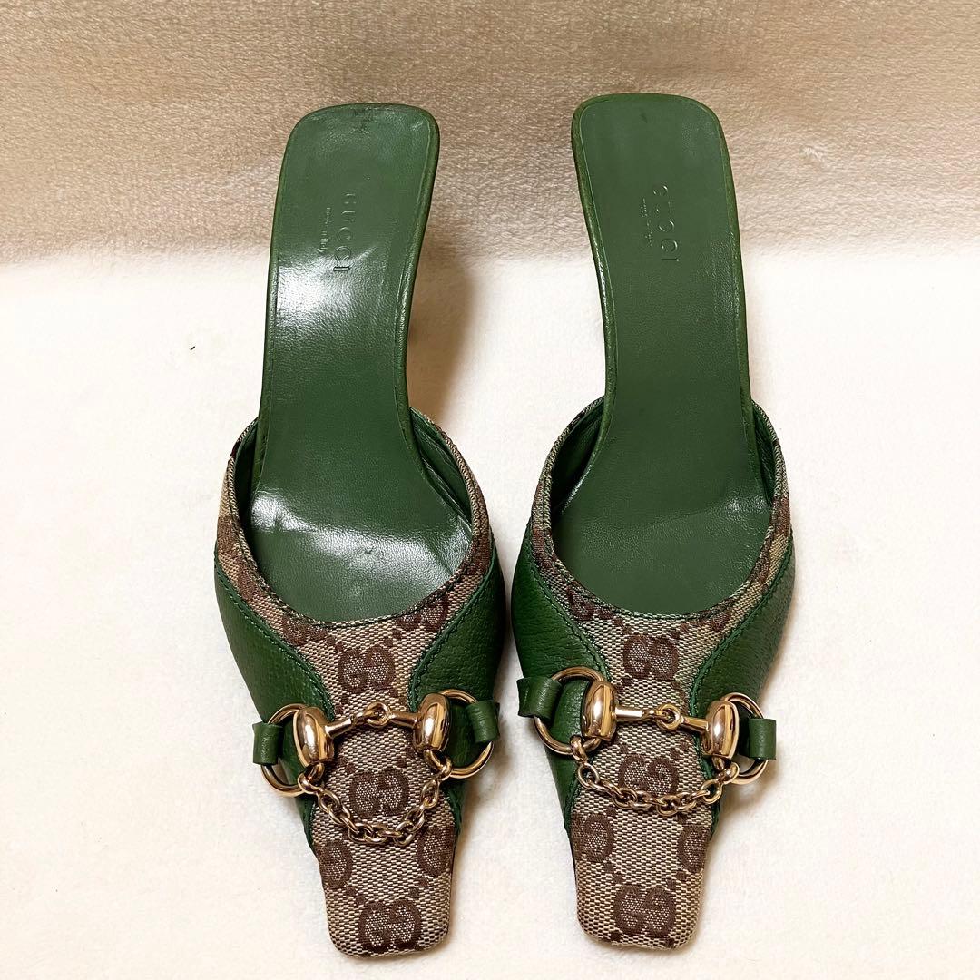 GUCCI グリーン ミュール GGマーク 23.5cm メタル金具付