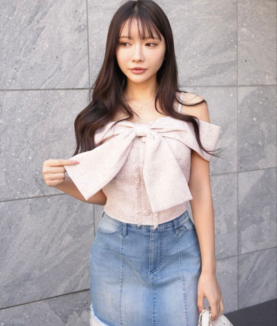 LIP SERVICE ツイードリボンオフショルトップス リップサービス ピンク リップサービス LIP SERVICE ツイードリボンオフショルトップス