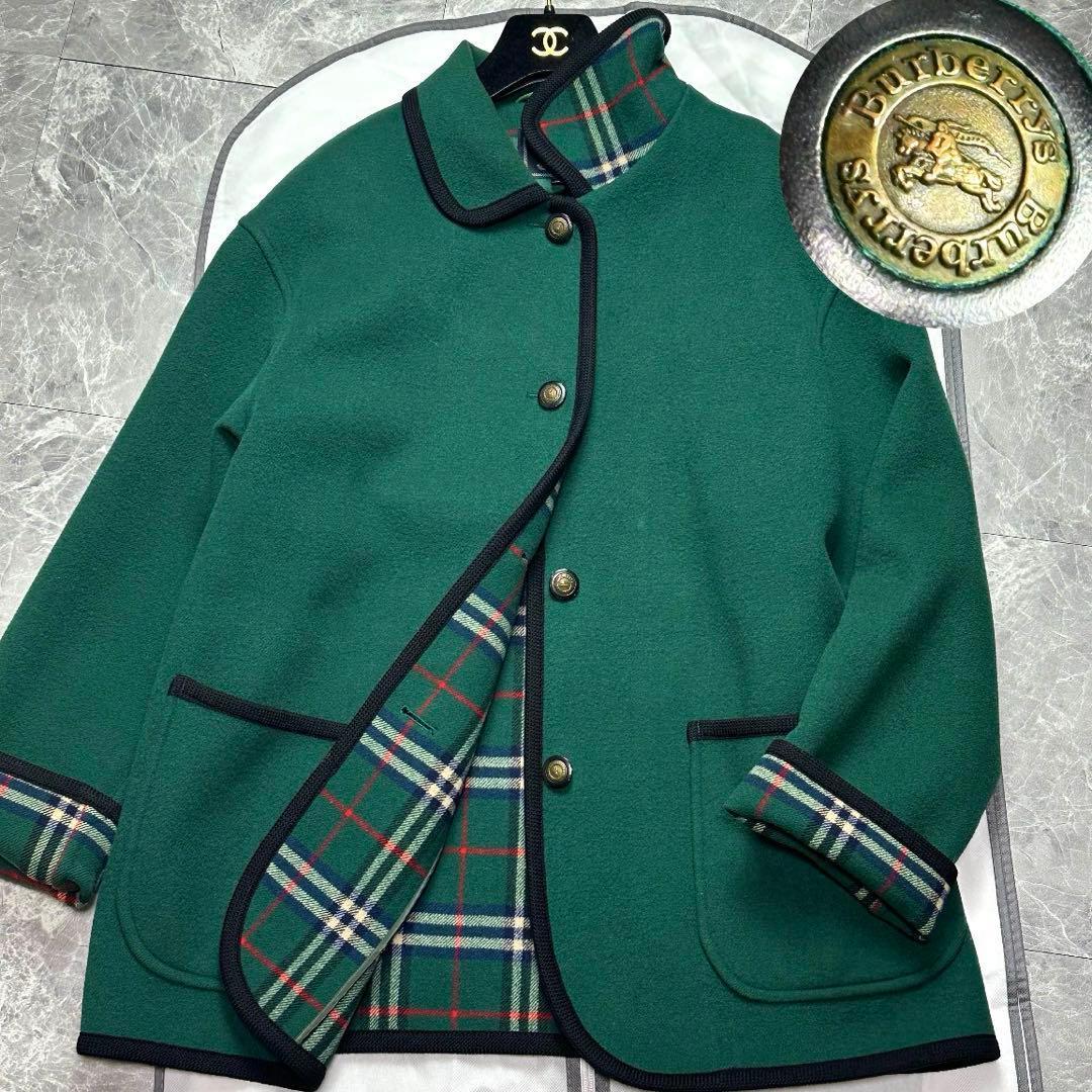 バーバリー♡カシミヤ　ダブルフェイス　コート　金ボタン　ノバチェック グリーン 美品✨バーバリー カシミヤ ダブルフェイス ノバチェック コート 40