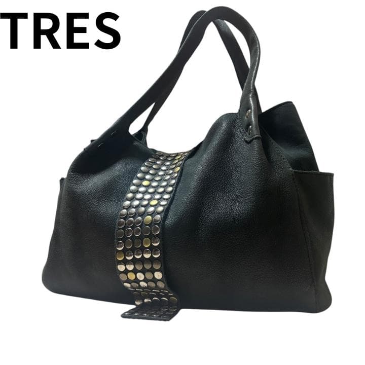 TRES トレ ハンドバッグ 本革 スタッズ ブラック トートバッグ 肩掛け TRES スタッズ付き レザートートバッグ ブラック ハンドバッグ｜Yahoo