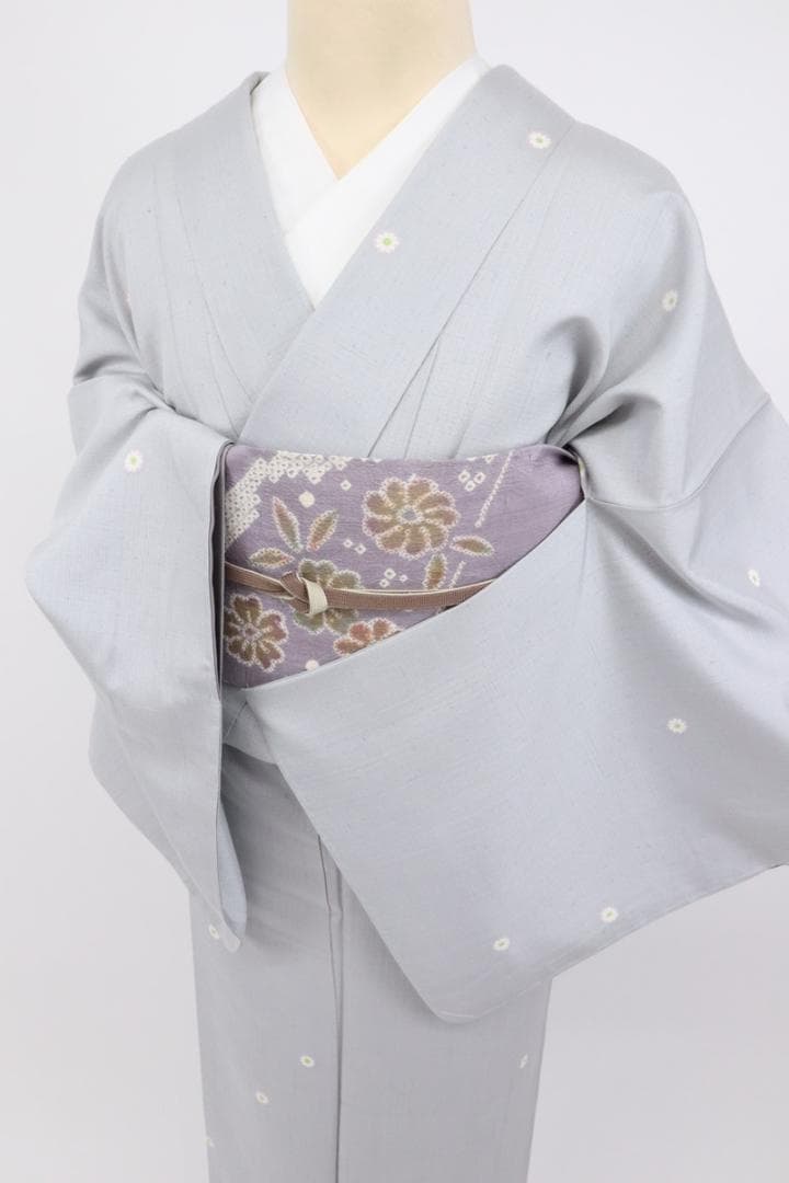 《スイ★特選◆紬■小さな花の染め模様◆グレー◆袷正絹着物◆TH12-8》