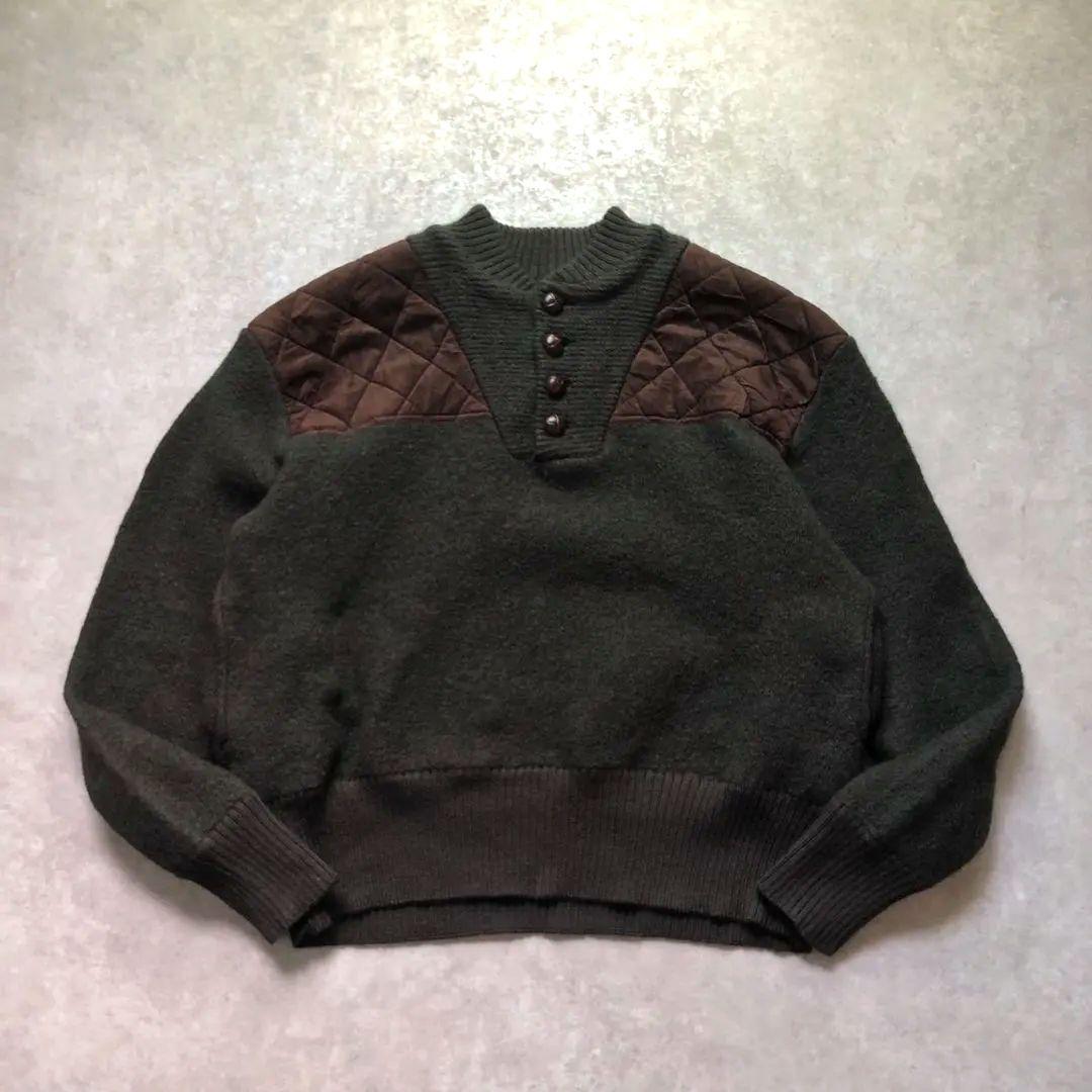 80sWoolrichウールリッチセーター ヘンリーネックパッチ付 緑 XL相当 古着 90年代 ウールリッチ WOOLRICH リブ編み ヘンリーネック コットン