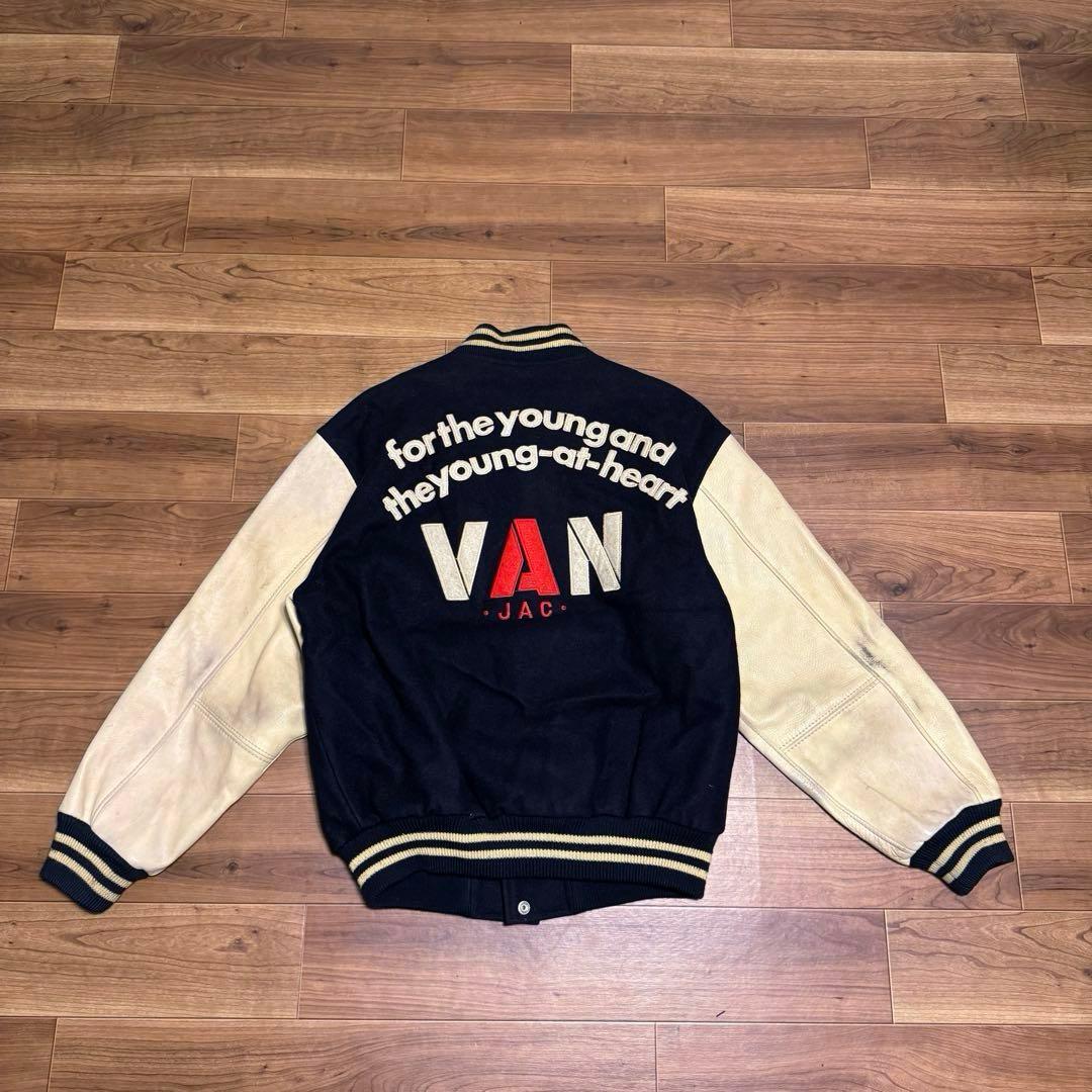 80s 当時物 VAN 袖革 スタジャン ブラック　レザー 当時物 VAN JAC アーチロゴ 袖レザー スタジャン 黒 BIG ONE｜Yahoo