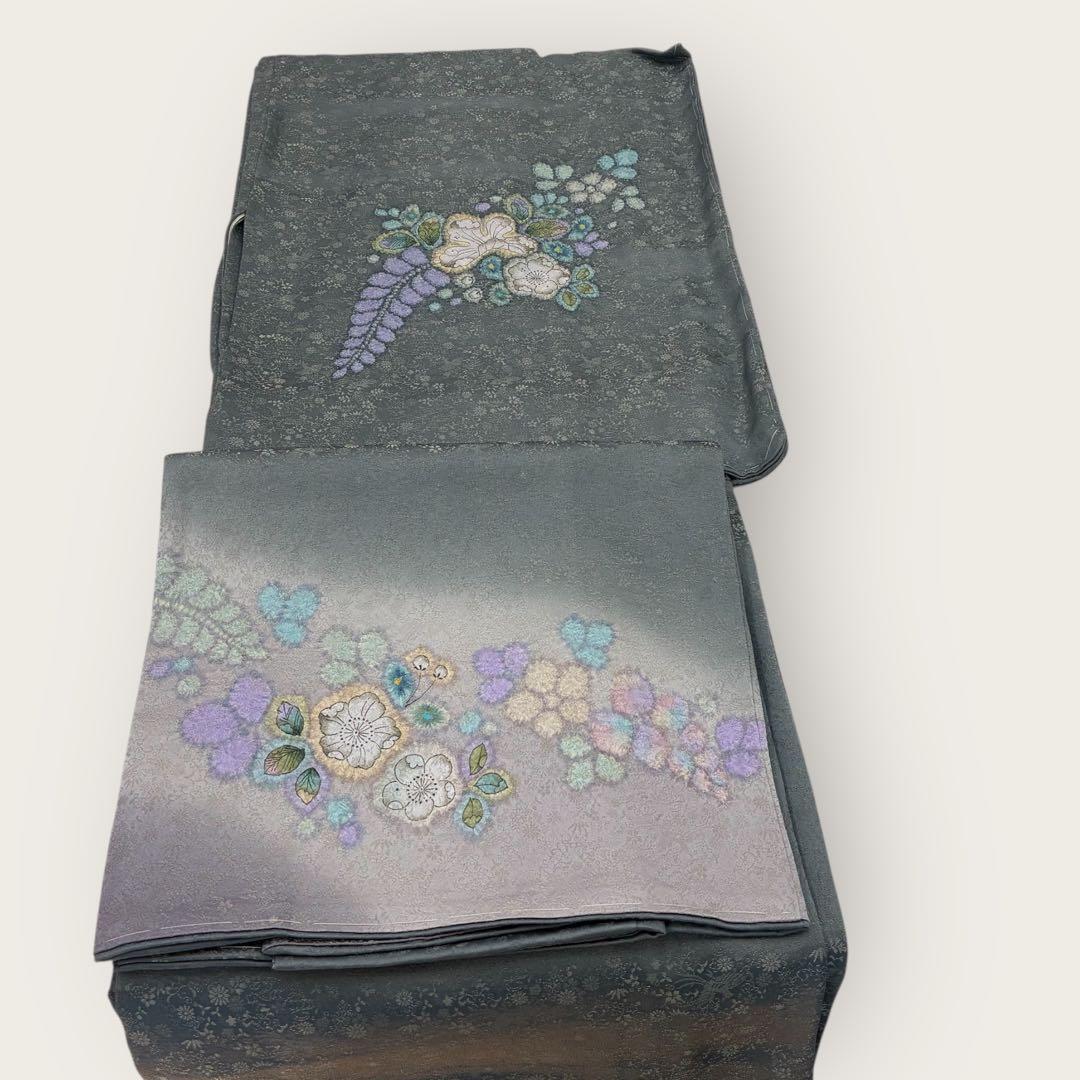 【上品】落ち着きカラー 花文様 付下げ風 着物 ワンタッチ着物 くらわん着物 正絹付け下げ訪問着リメイク くすみ淡