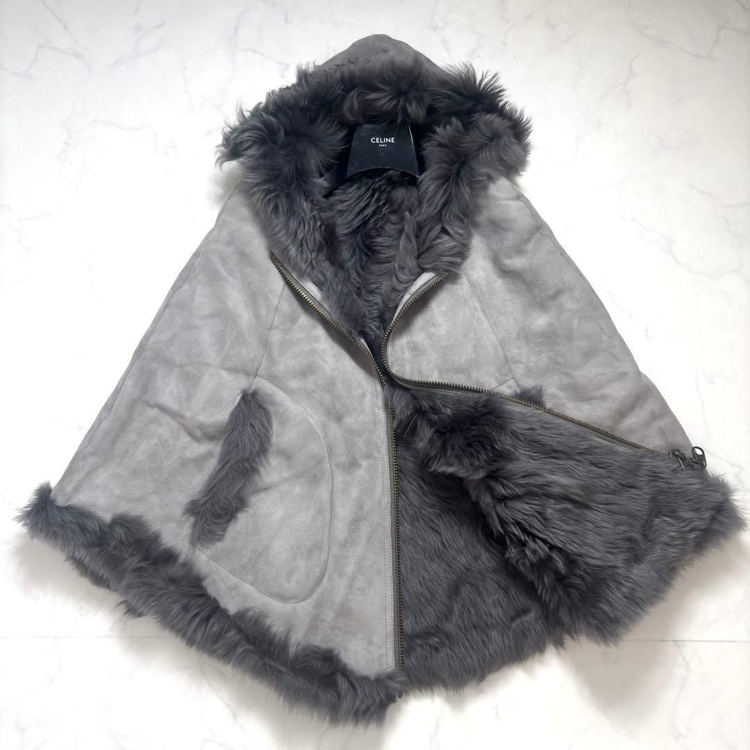 最高級✨羊革 リアルムートン ポンチョ ラムレザー リバーシブル フード グレー 新品未使用✨羊革リアルムートン リバーシブルポンチョ ラムレザー