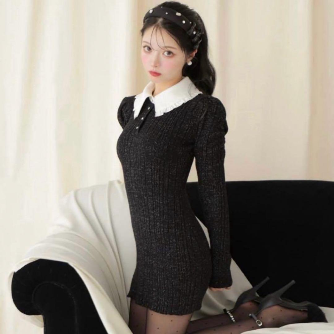 エムミーエメ M me eme フリルカラーニットワンピース 黒 - メルカリ