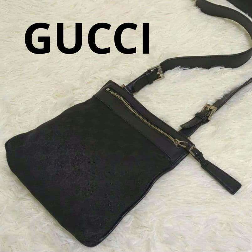 GUCCI GG柄 キャンバス レザー ショルダーバッグ 黒 中古・古着通販】GUCCI (グッチ) レザーキャンバスショルダーバッグ