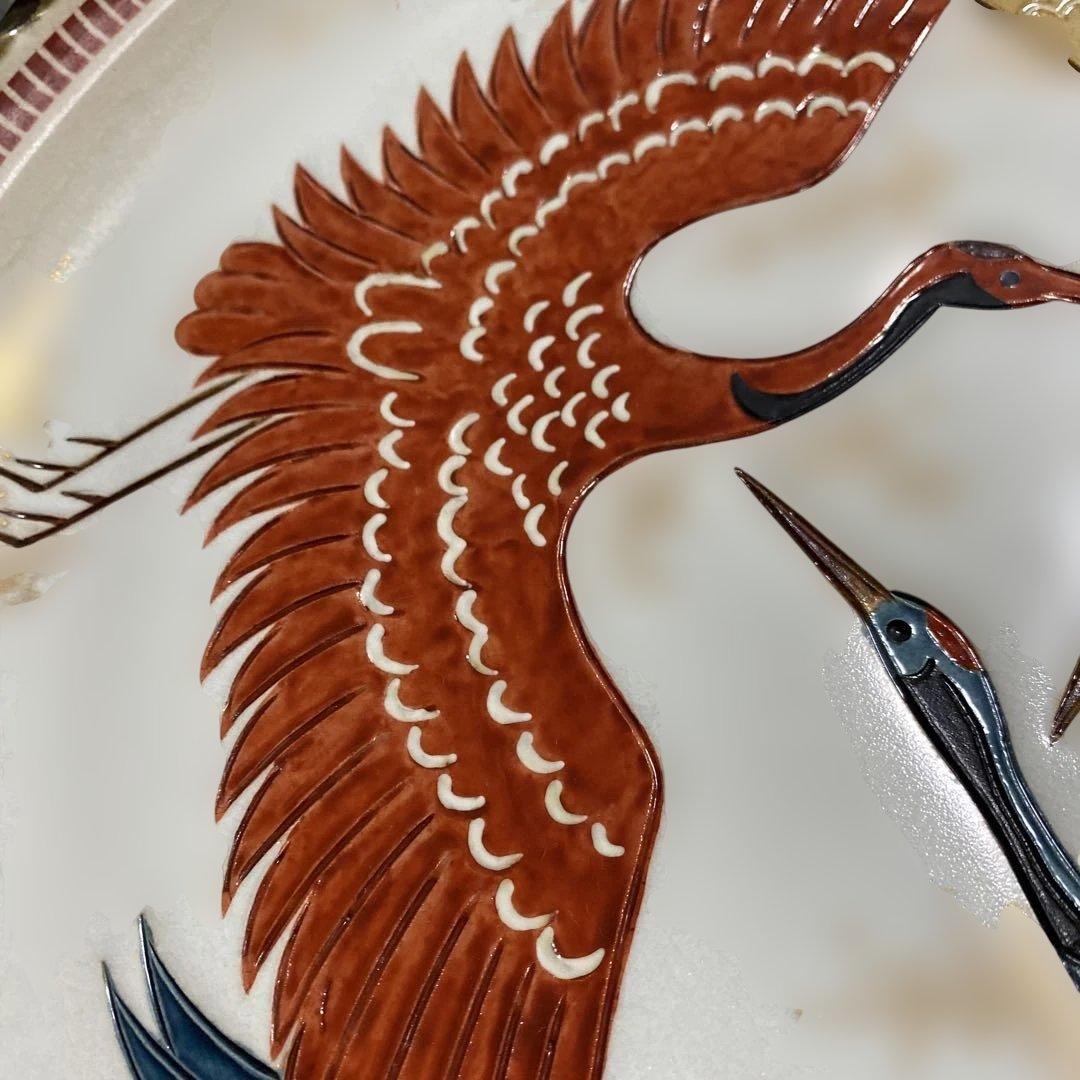 色絵三鶴 額皿 螢窯 中村翠恒氏作 34㎝ 共箱